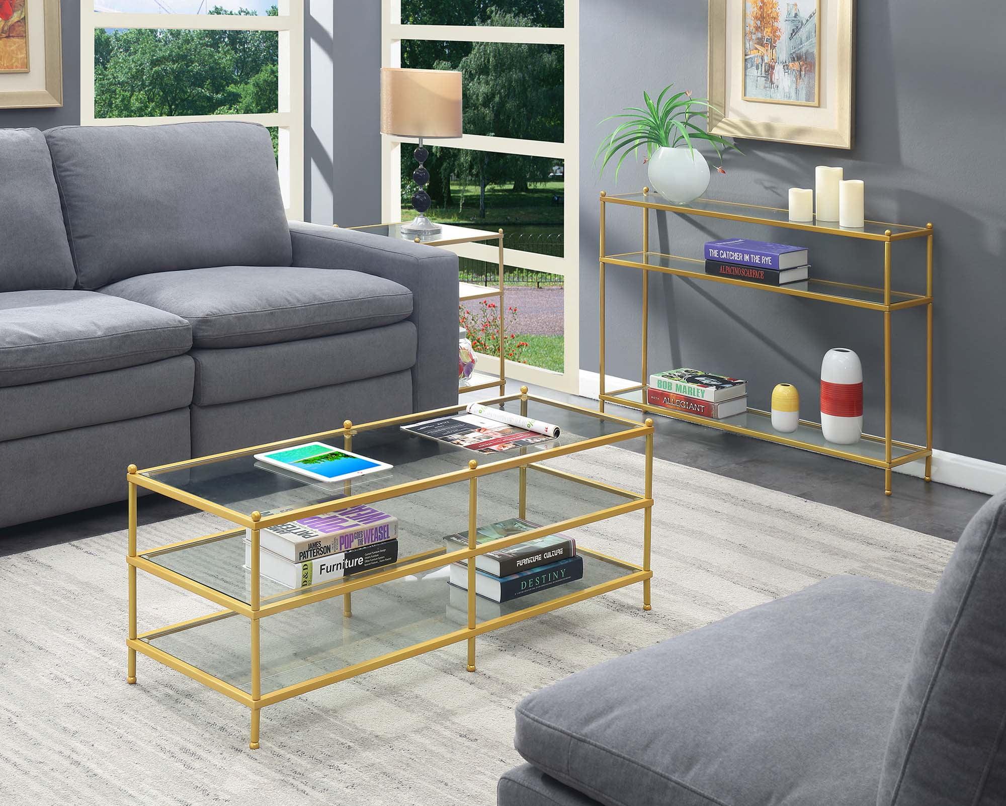 Elegant Gold-Finish 3-Tier Glass Coffee Table, 48" Rectangular