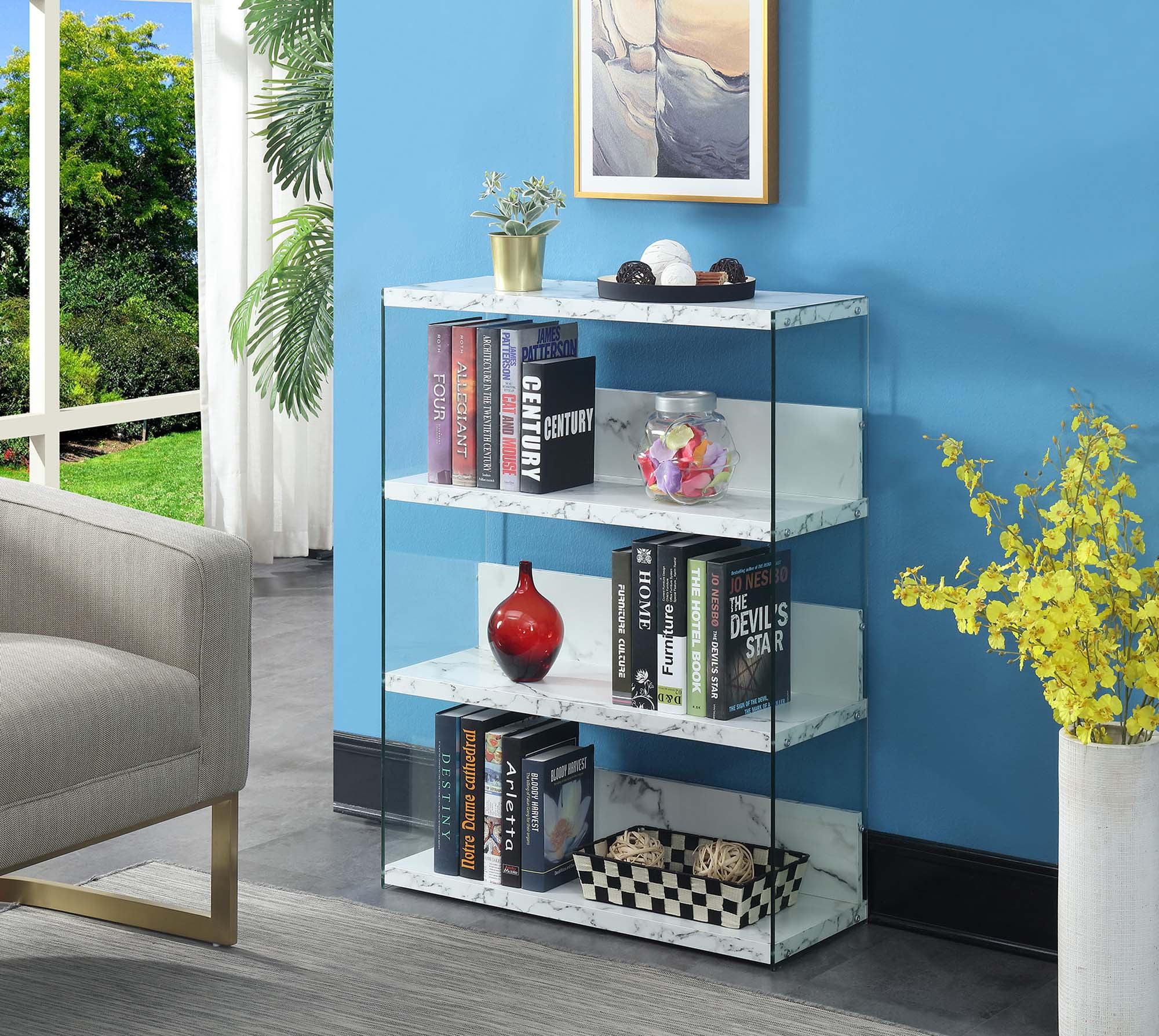 Elegant SoHo 4-Tier White Faux Marble and Glass Bookcase