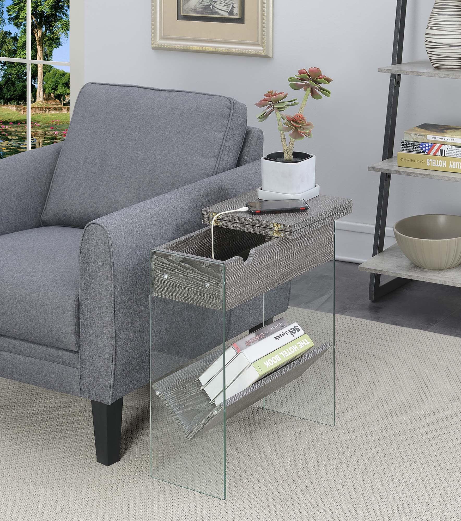 Weathered Gray Flip Top End Table with Charging Station and Glass Panels