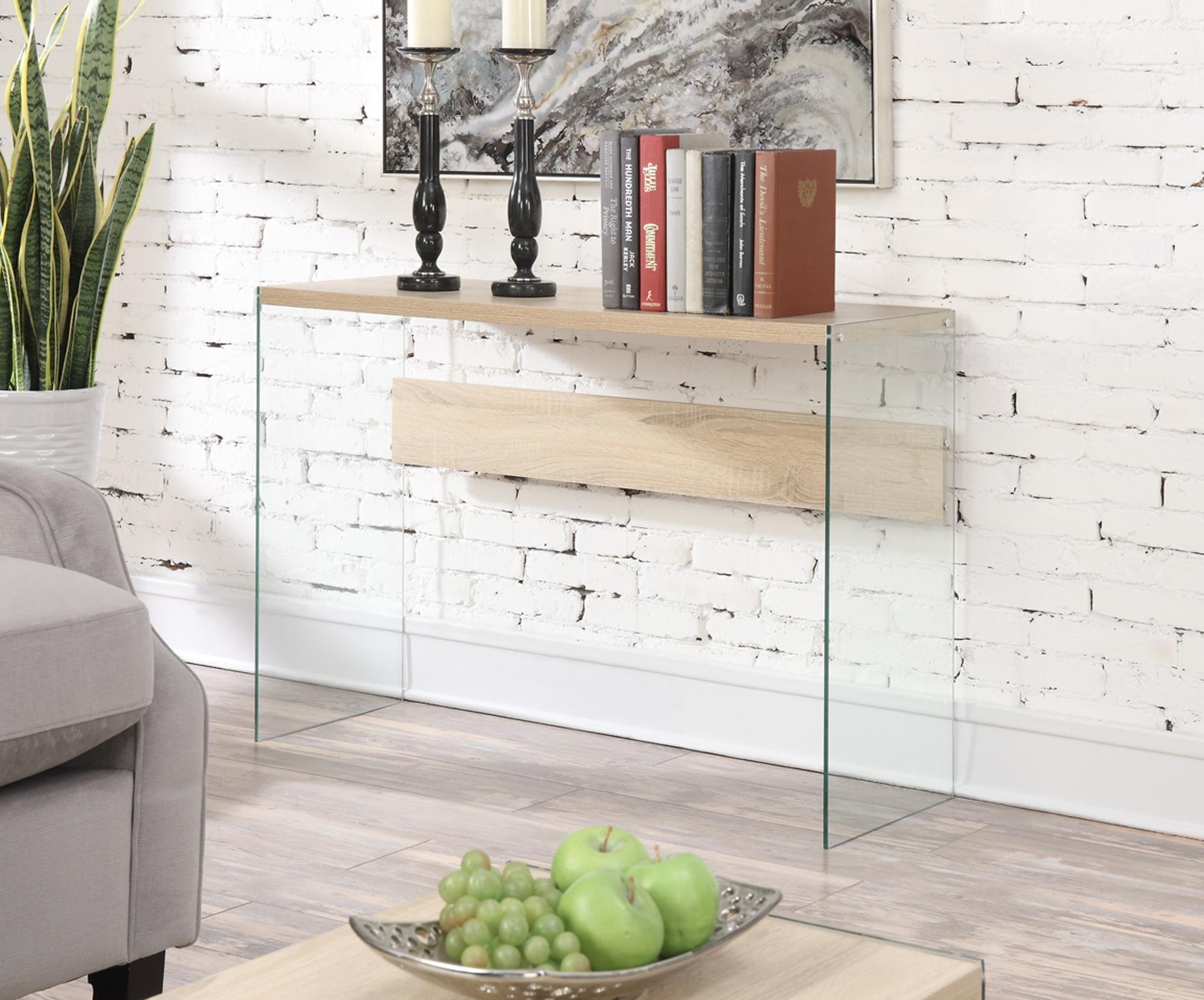 Weathered White Glass-Top Console Table with Storage