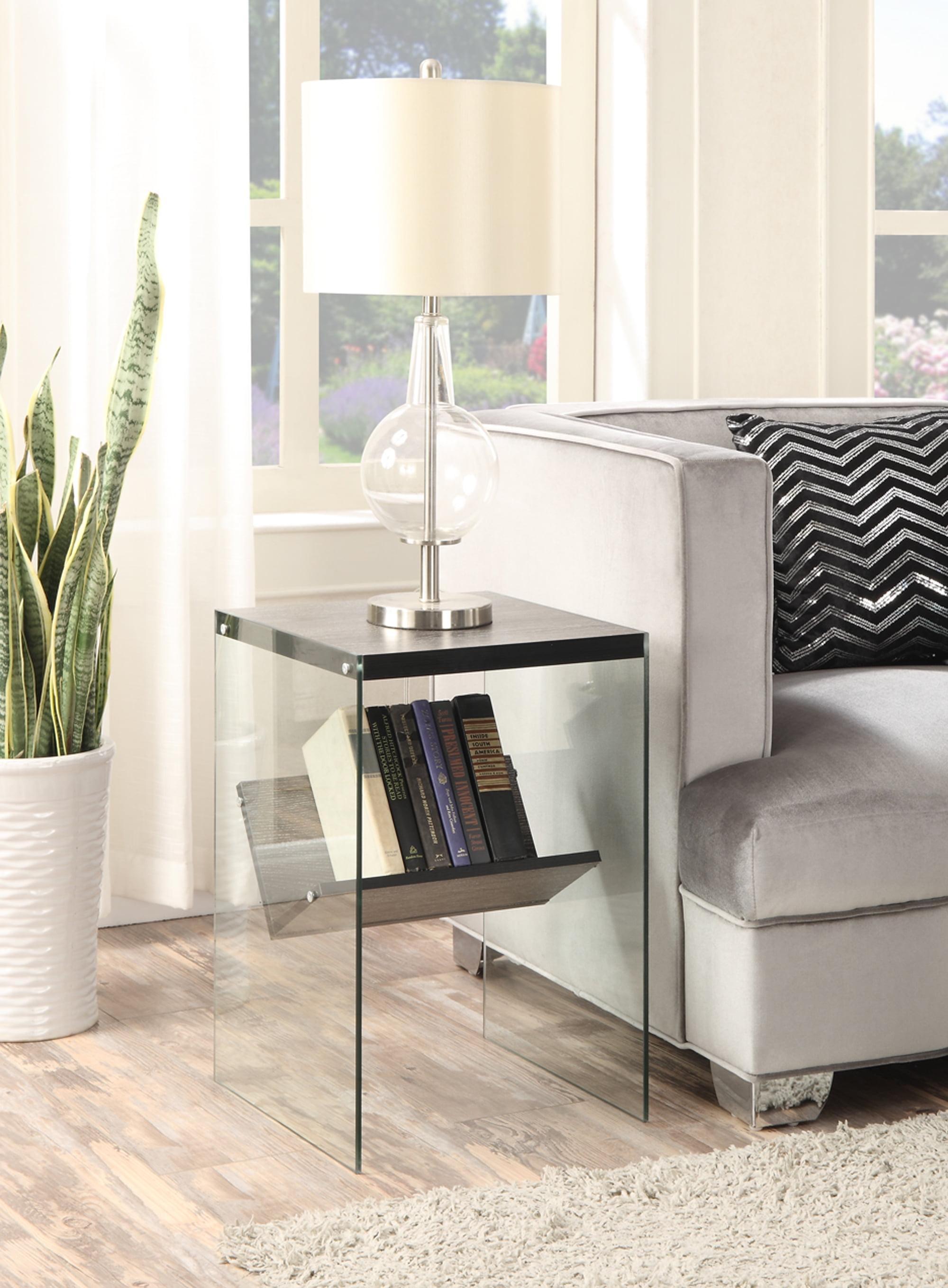 Modern Weathered Grey Wood and Glass Square End Table with Shelf