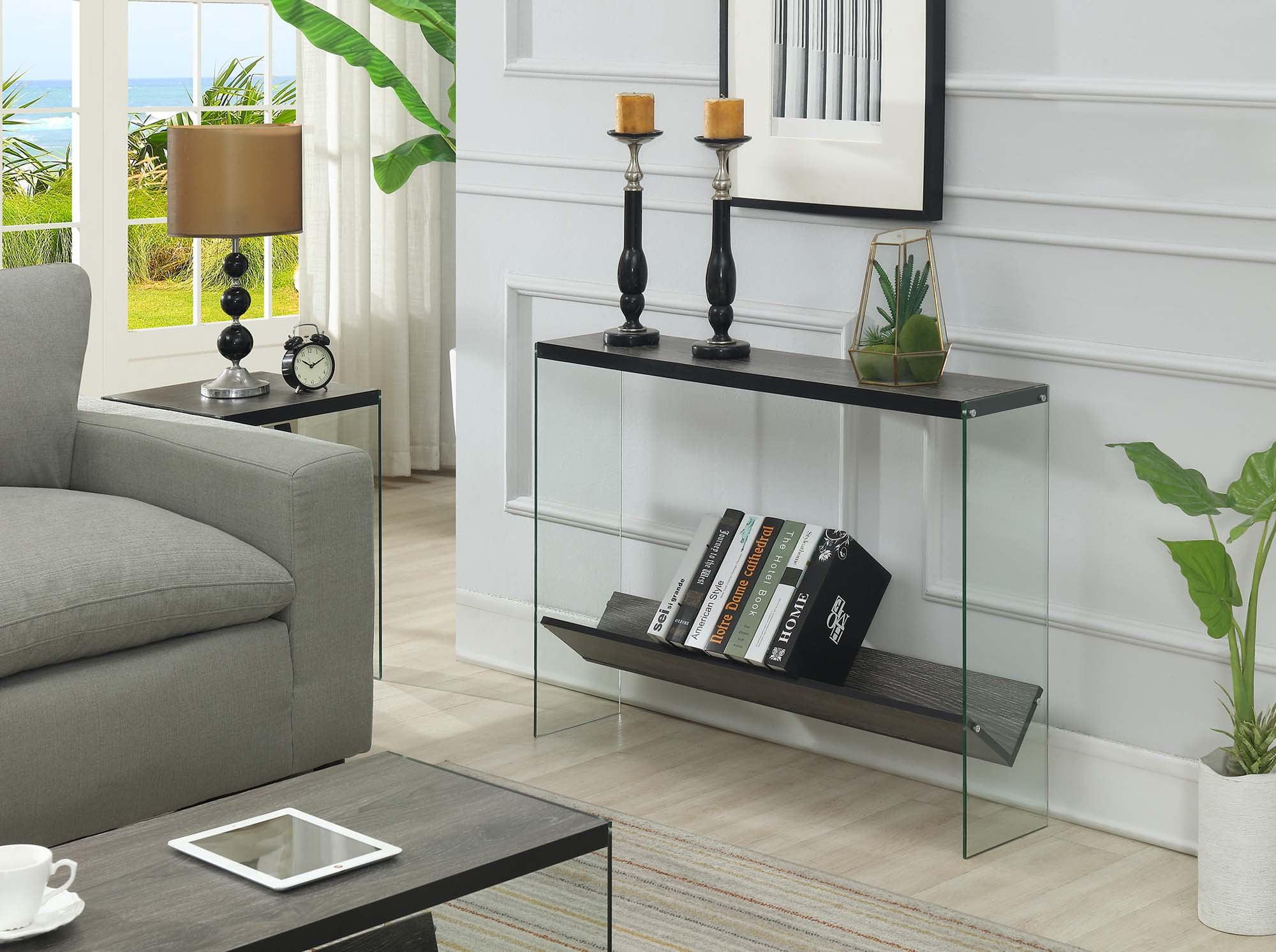 Weathered Gray Modern V Console Table with Glass Shelves