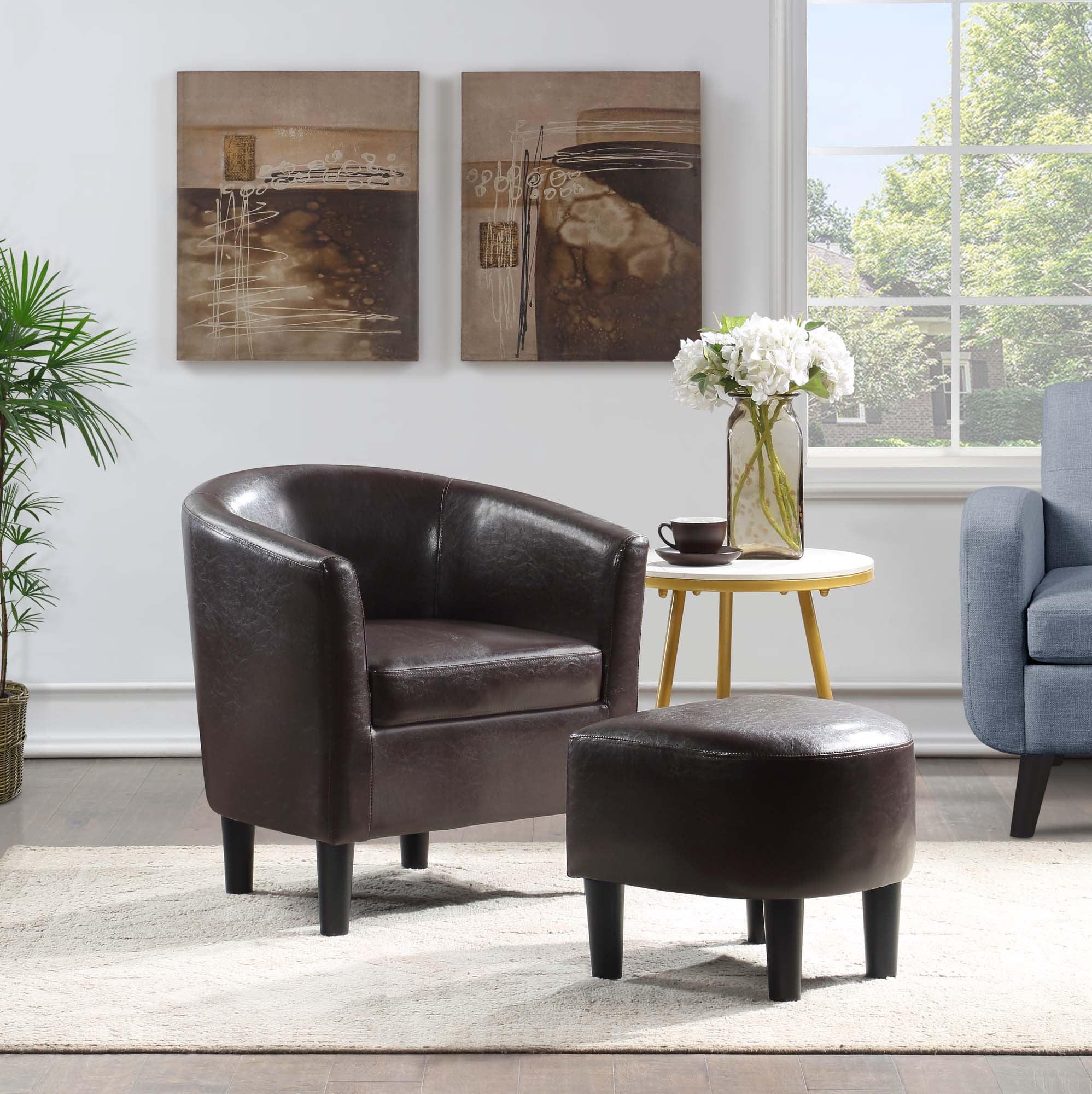 Espresso Faux Leather Barrel Accent Chair and Ottoman Set