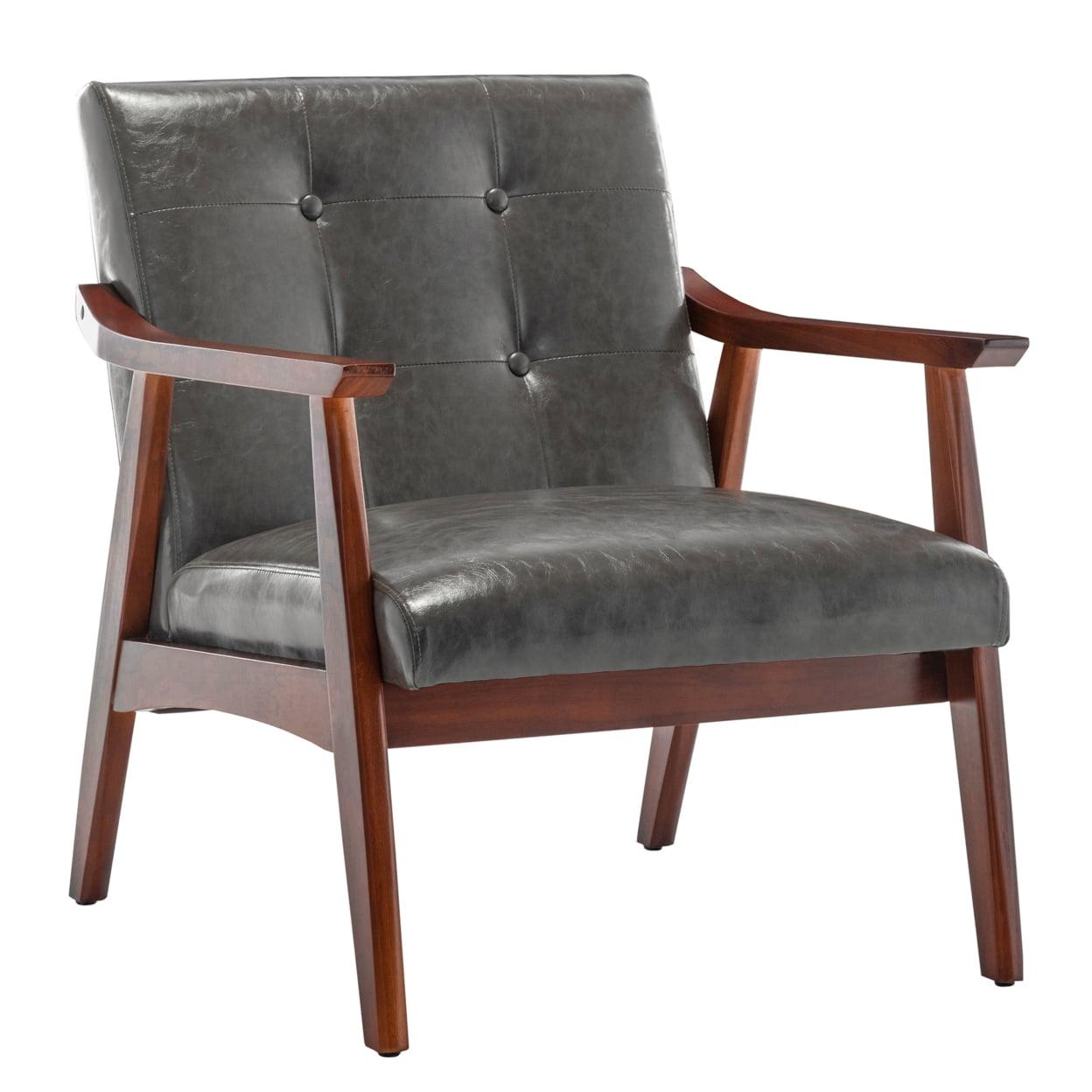 Espresso-Finished Gray Faux Leather Mid-Century Modern Accent Chair