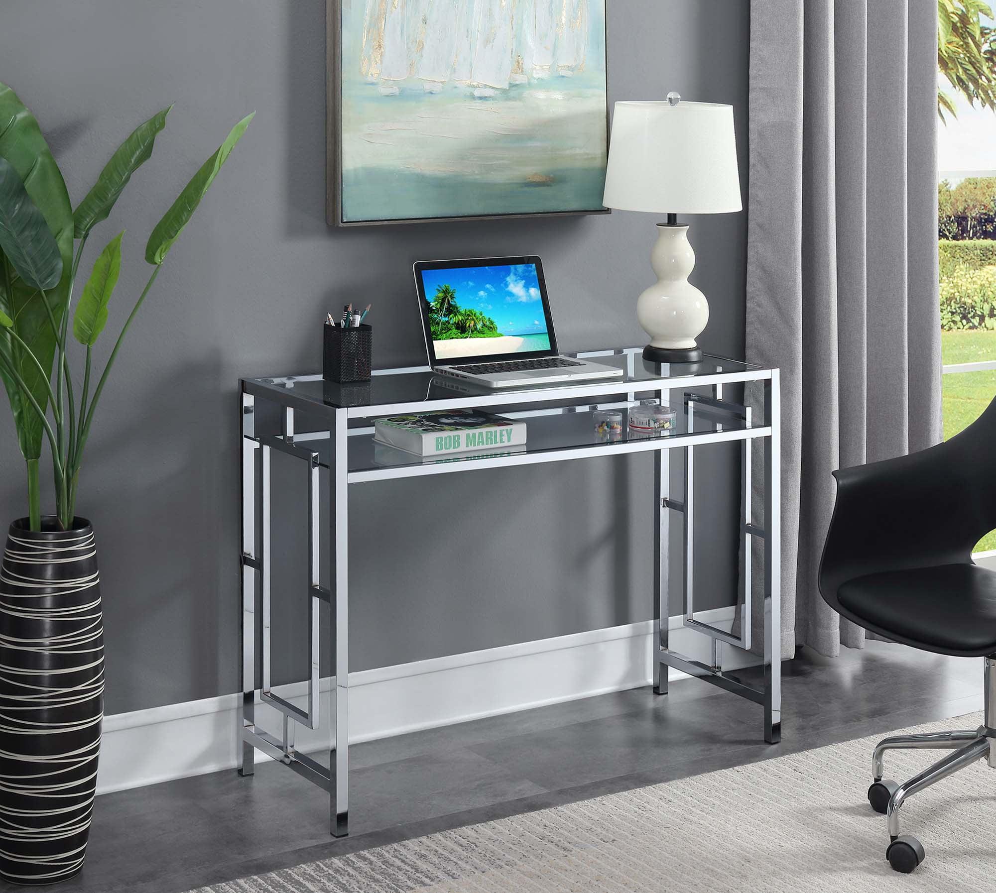 Gray and Clear Glass Chrome Desk with Shelf