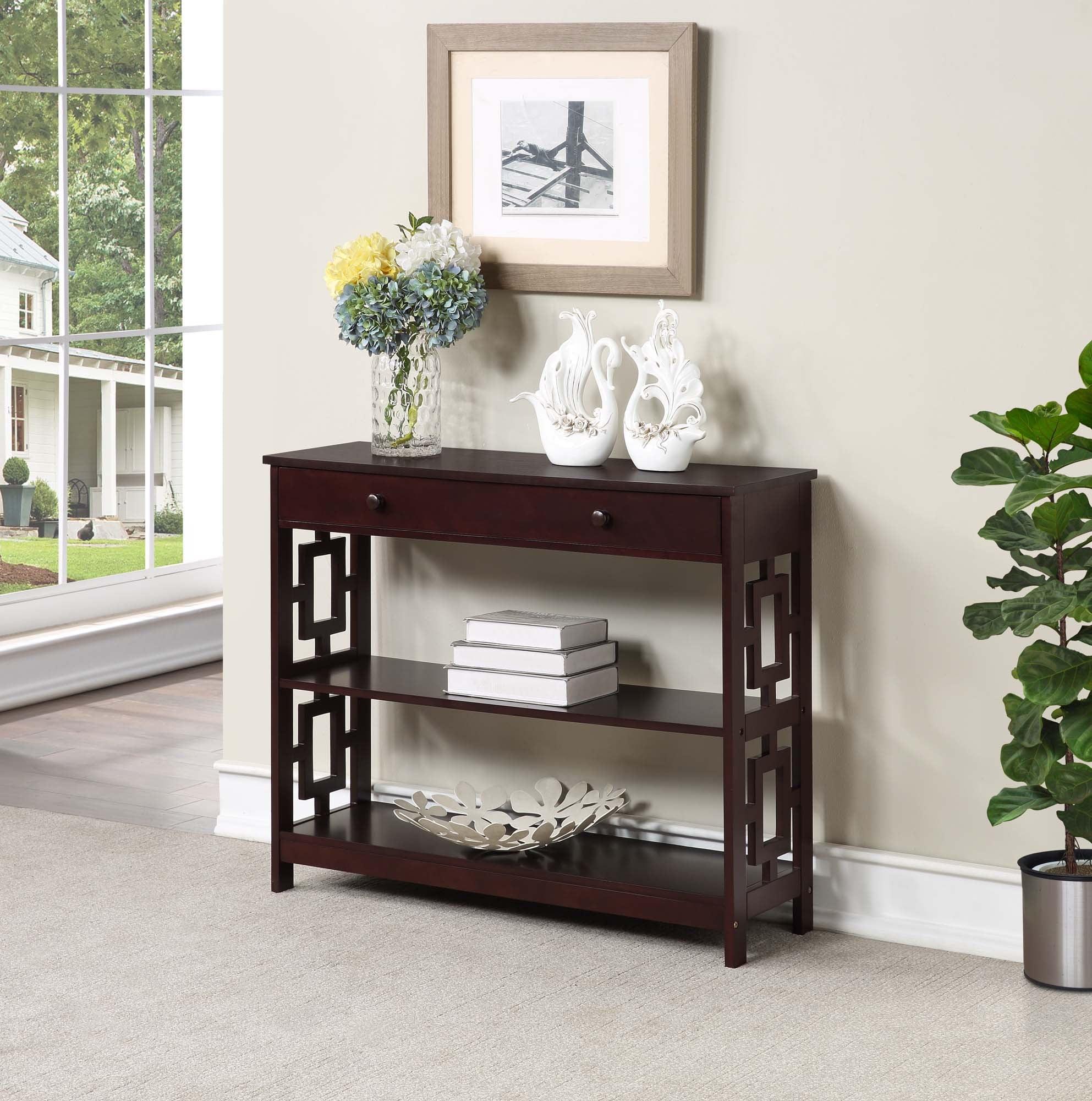 Espresso Wood Console Table with Drawer and Shelves