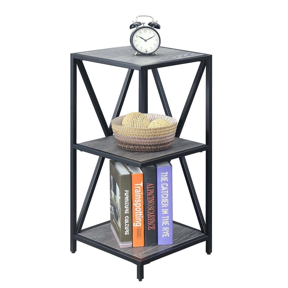 Convenience Concepts Tucson Black Metal Three-Tier Corner Bookcase in Gray Wood