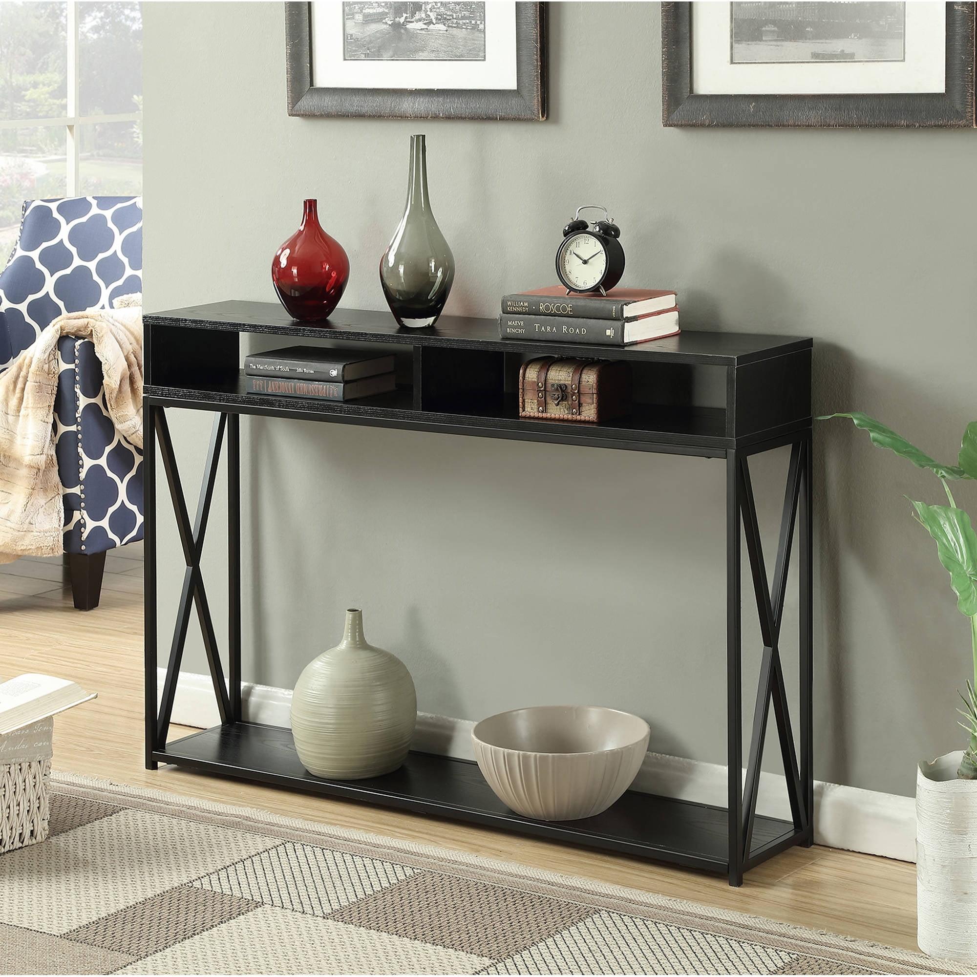 Sleek 48" Black and Wood Console Table with Storage Shelf