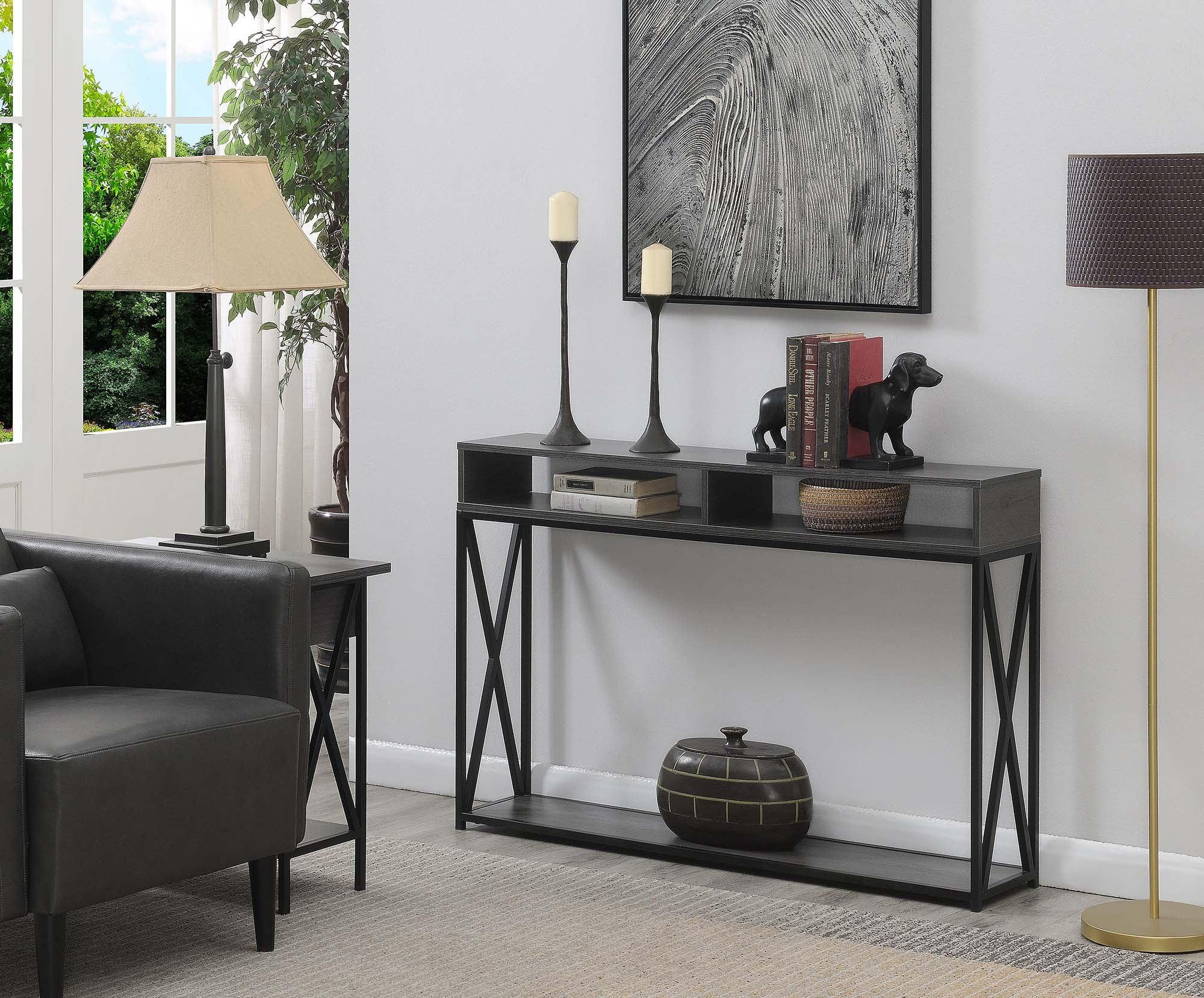 Charcoal Gray and Black Wood Metal Console Table with Storage