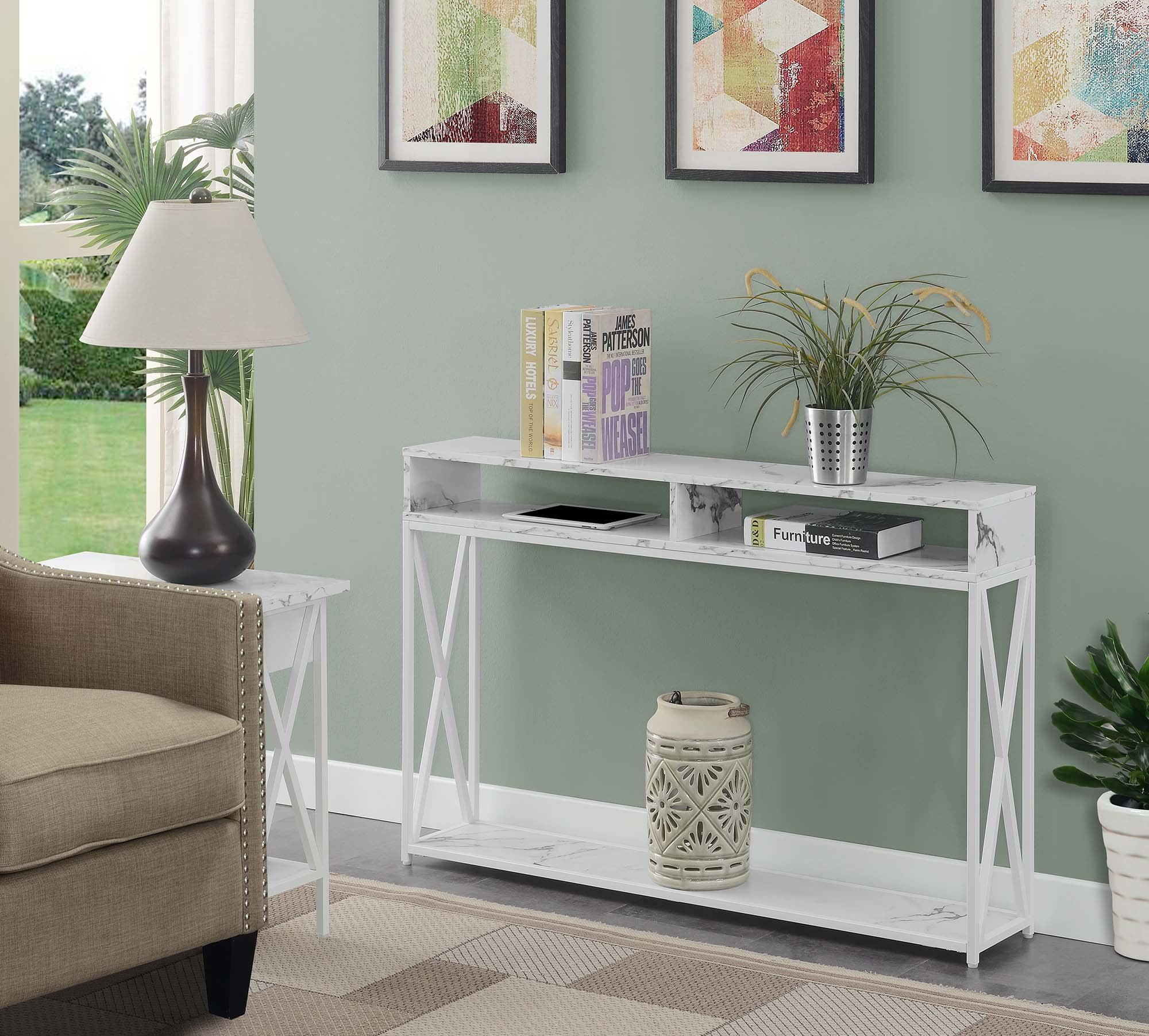 Tucson Deluxe White Faux Marble Console Table with Storage Shelf