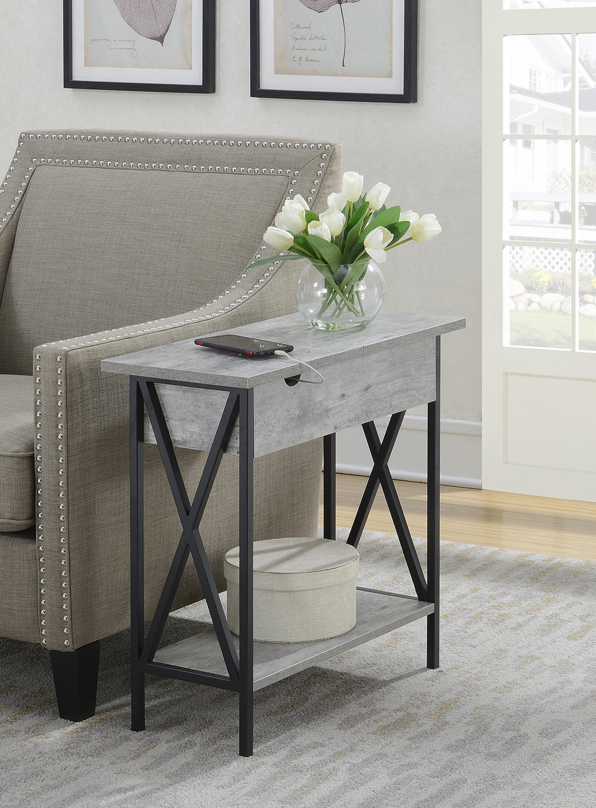 Convenience Concepts Tucson Flip Top End Table with Charging Station and Shelf, Faux Birch/Black