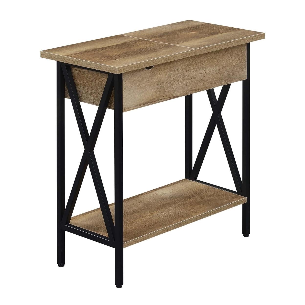 Convenience Concepts Tucson Flip Top End Table with Charging Station and Shelf, Weathered Barnwood/Black