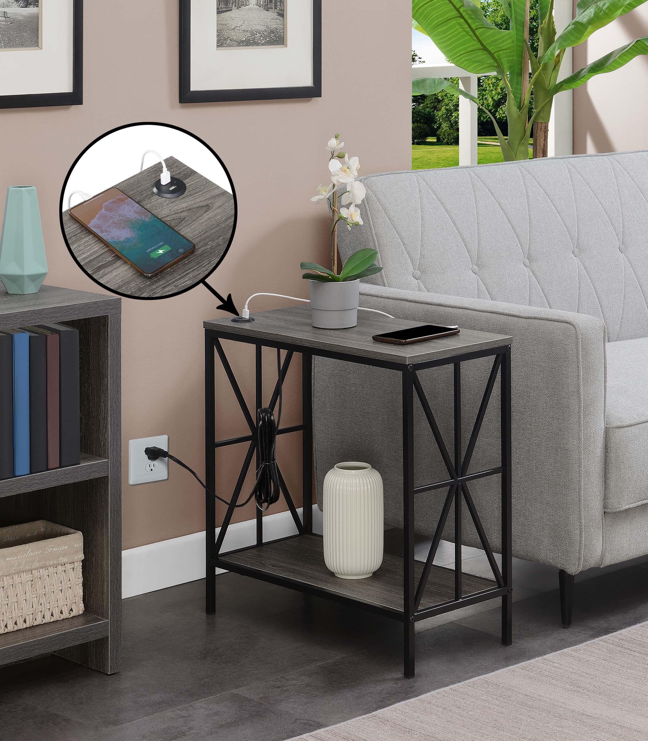 Weathered Gray and Black Metal End Table with USB Charging Station