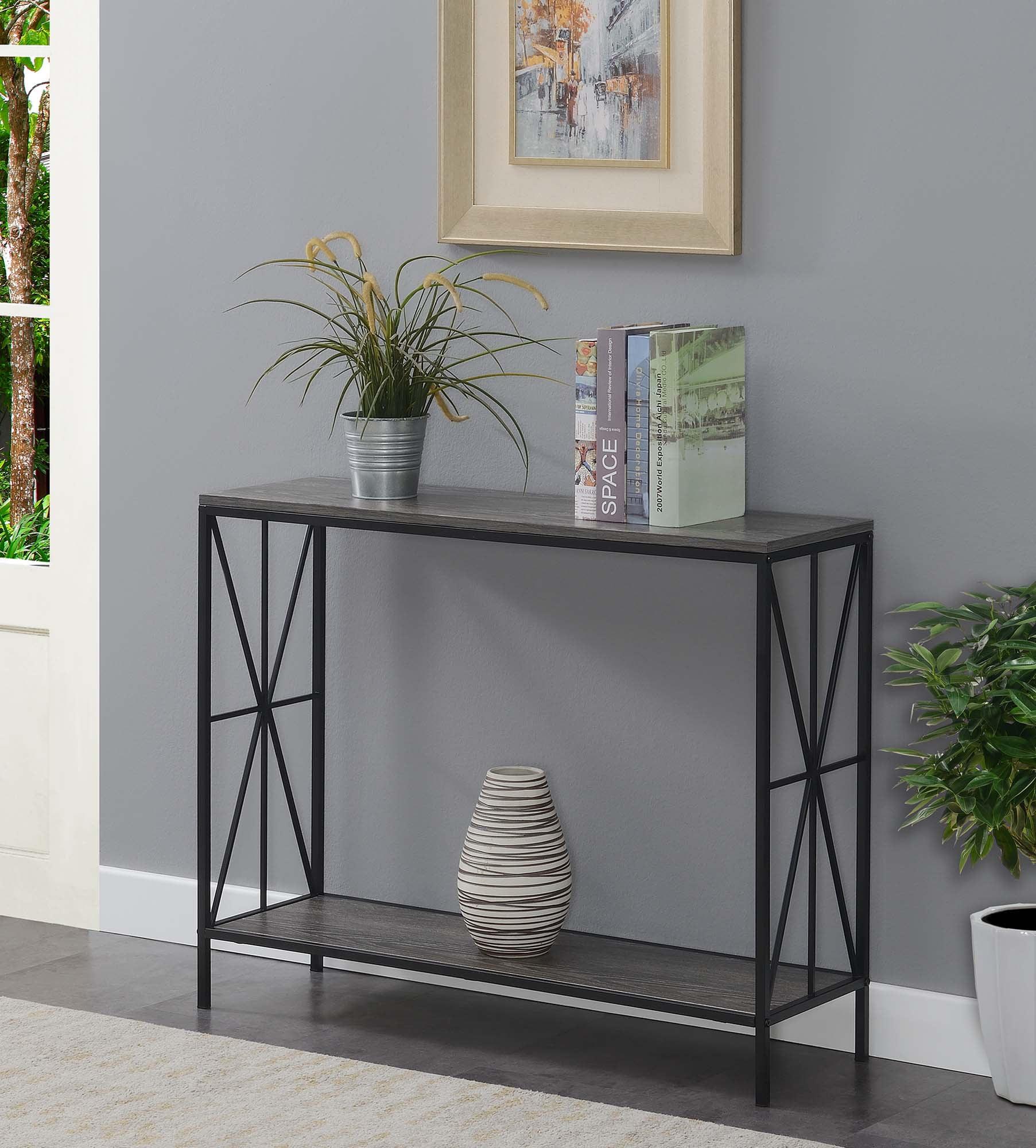 Weathered Gray & Black Starburst Console Table with Metal Frame