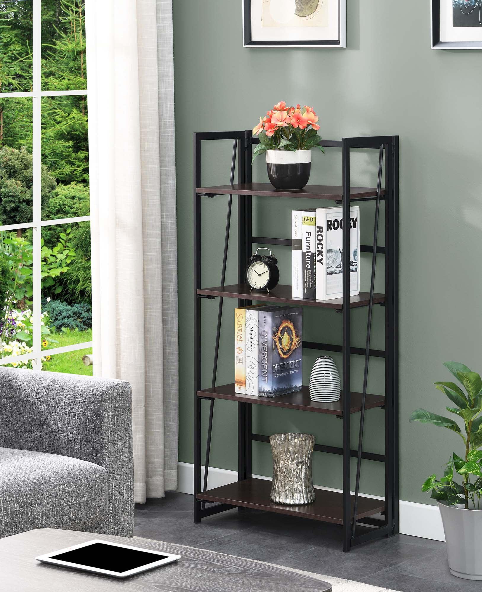 Espresso and Black 4-Tier Folding Bookshelf