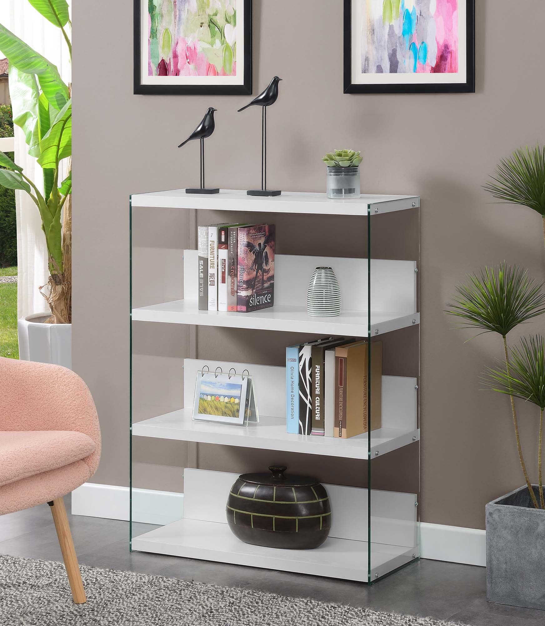 White Wood and Glass 4-Tier Wide Bookcase