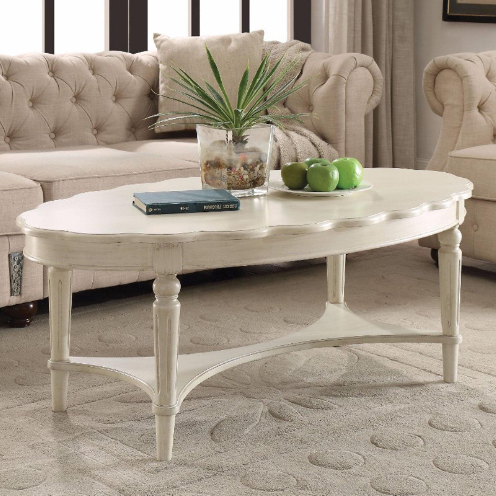 Elegant Oval Wood & Metal Coffee Table in Antique White