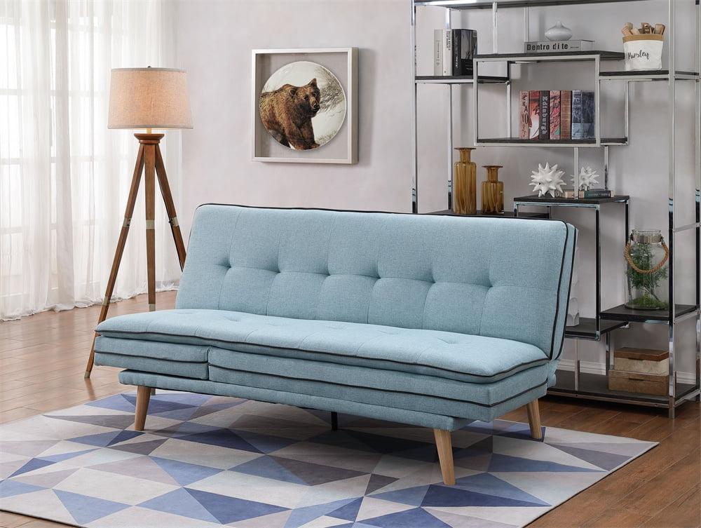 72" Blue Linen Tufted Sleeper Sofa with Oak Wood Legs