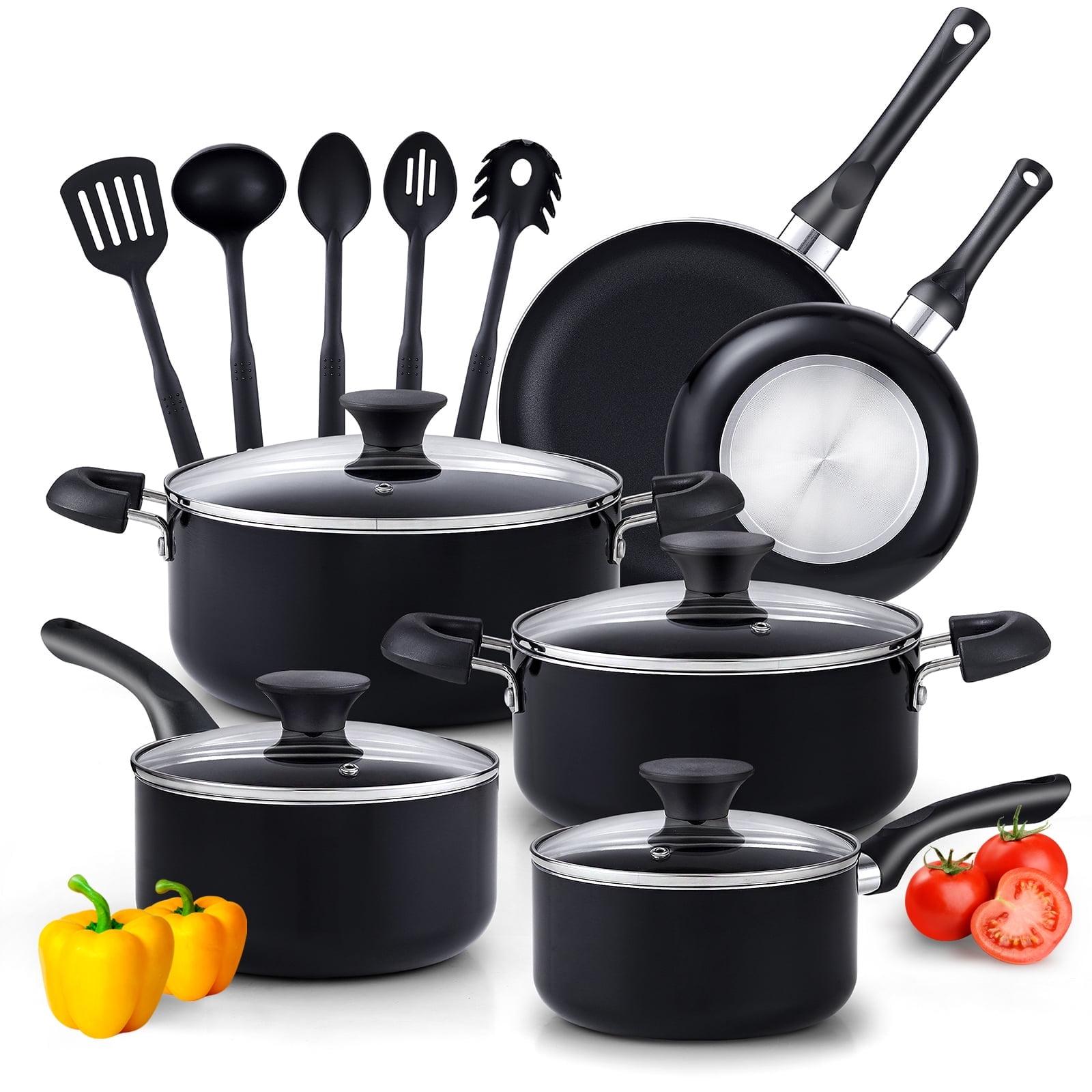 15-Piece Black Nonstick Aluminum Cookware Set with Glass Lids