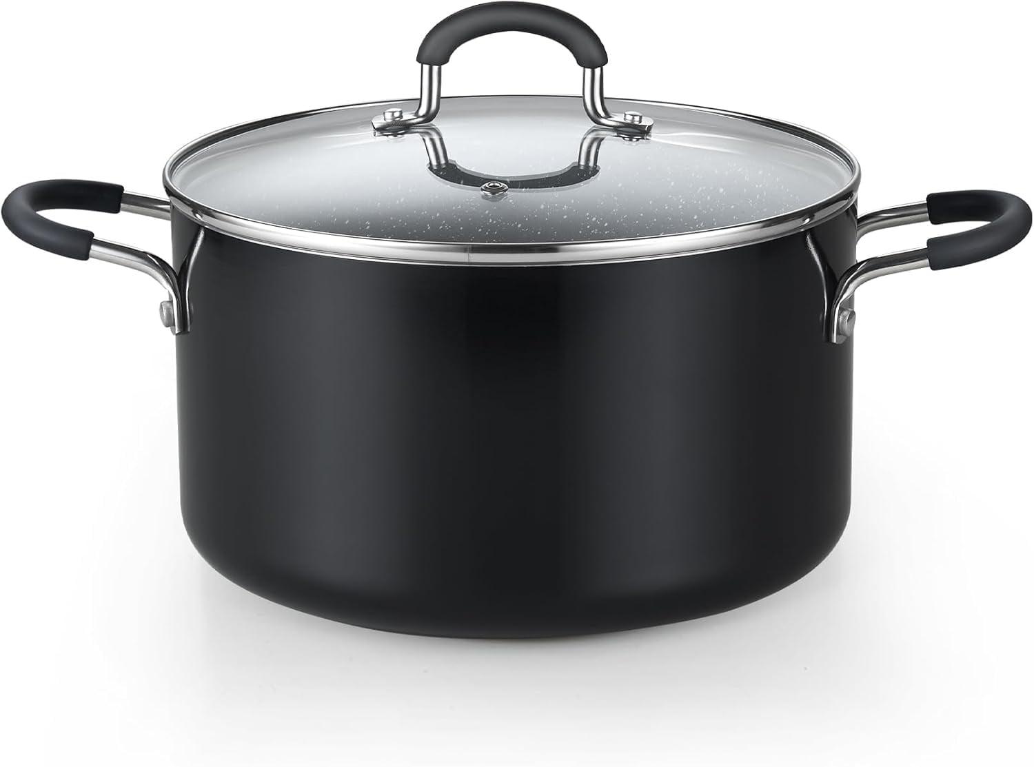 6-Quart Black Nonstick Aluminum Stockpot with Glass Lid