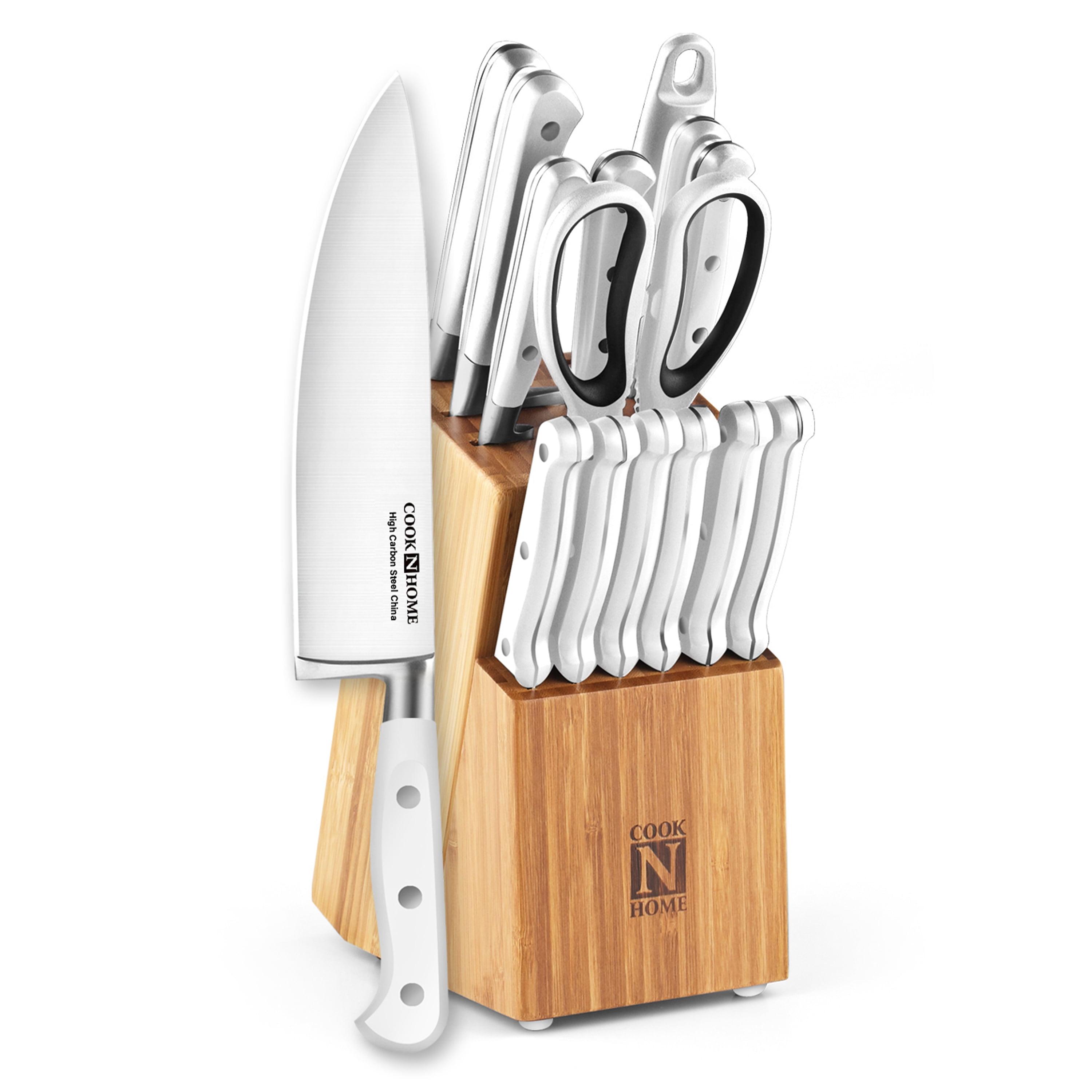 White 15-Piece Kitchen Knife Set with Bamboo Block