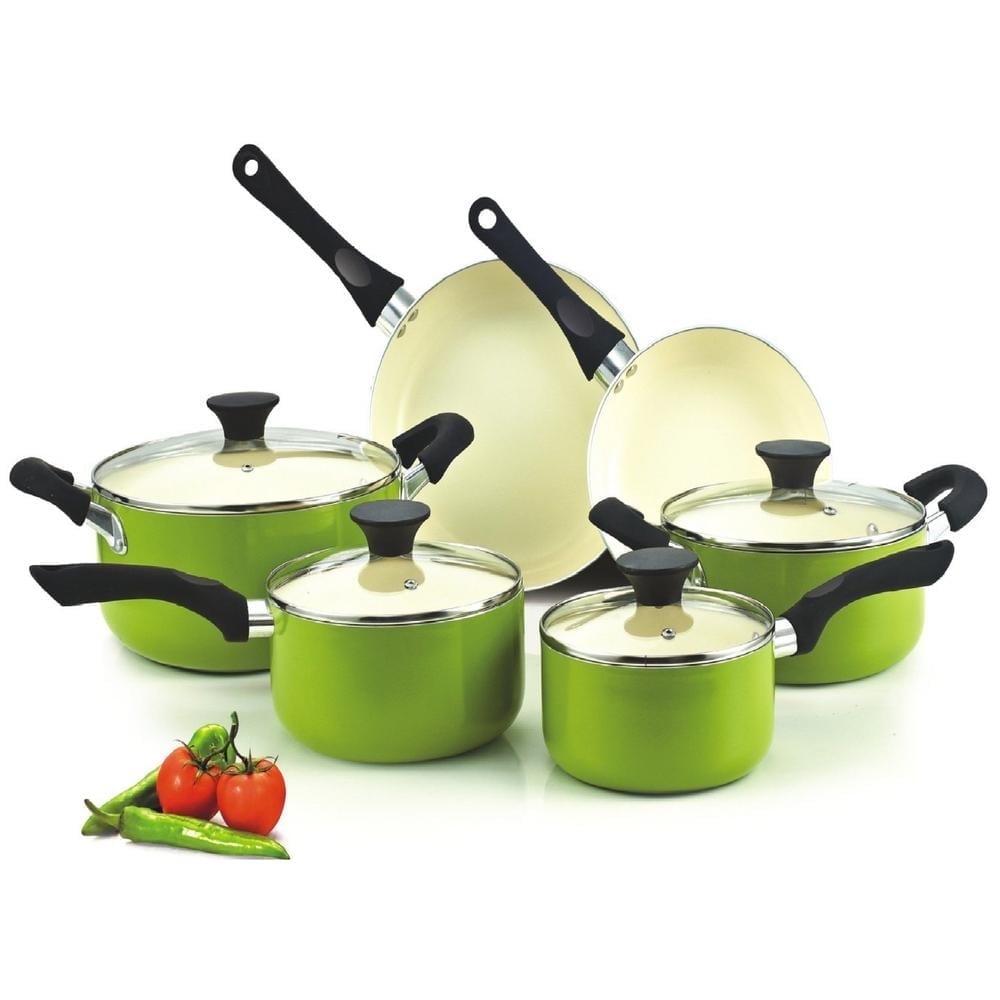 Green Nonstick Aluminum 10-Piece Cookware Set with Glass Lids