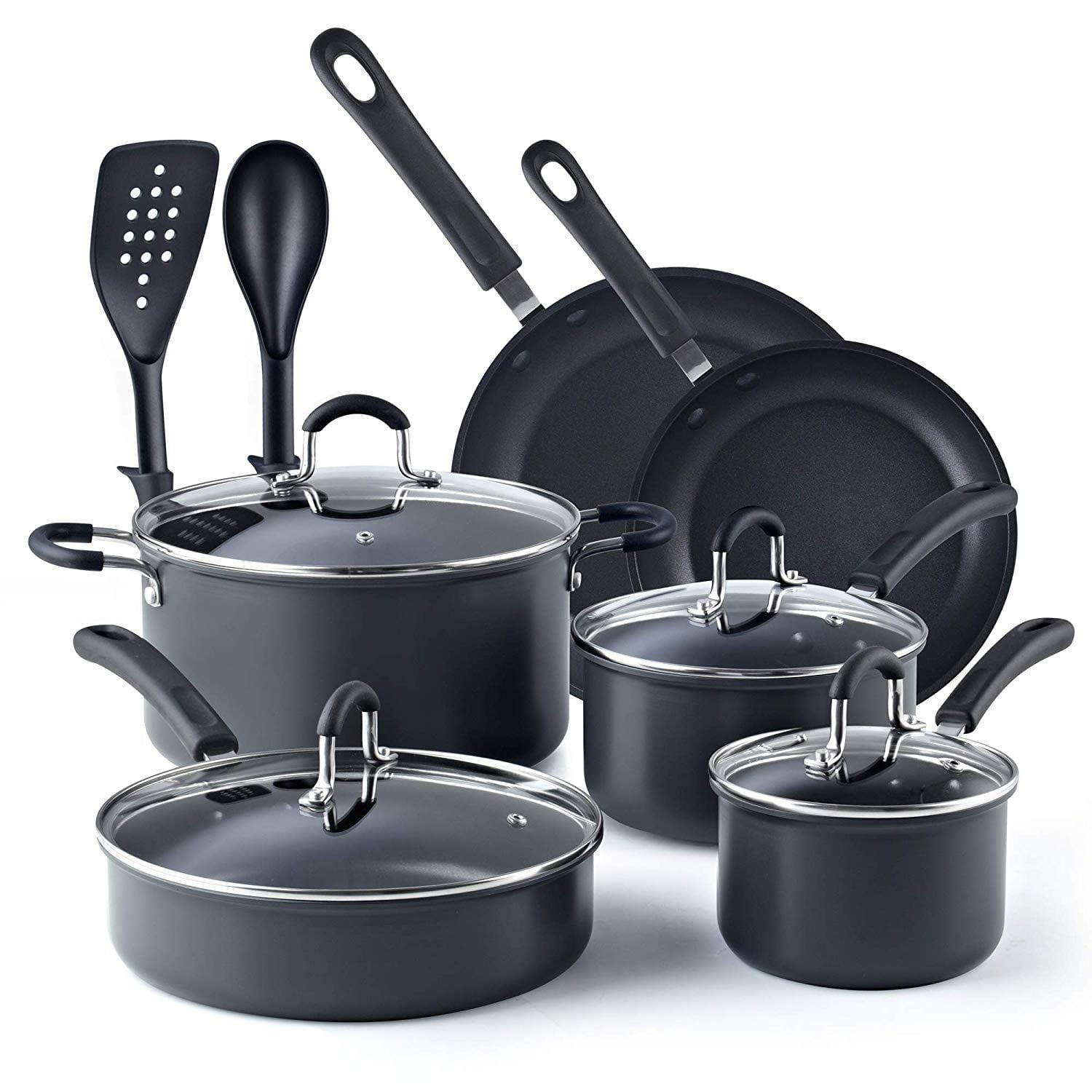 12-Piece Black Aluminum Nonstick Cookware Set with Glass Lids