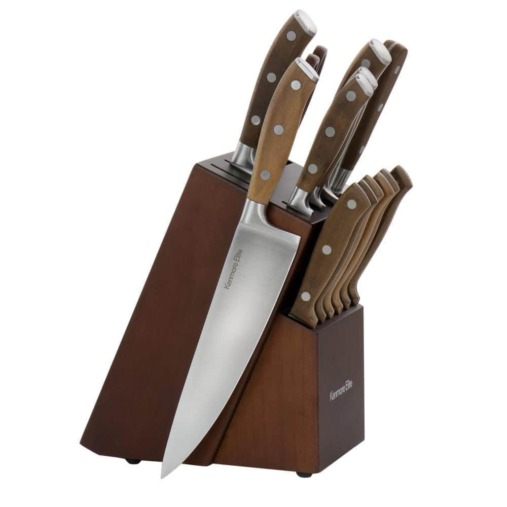 Kenmore Elite 14-Piece Stainless Steel Knife Set with Walnut Block