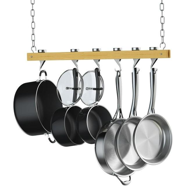 Standard, Single Bar, 36-Inch Ceiling Mounted Wooden Pot Rack, Brown