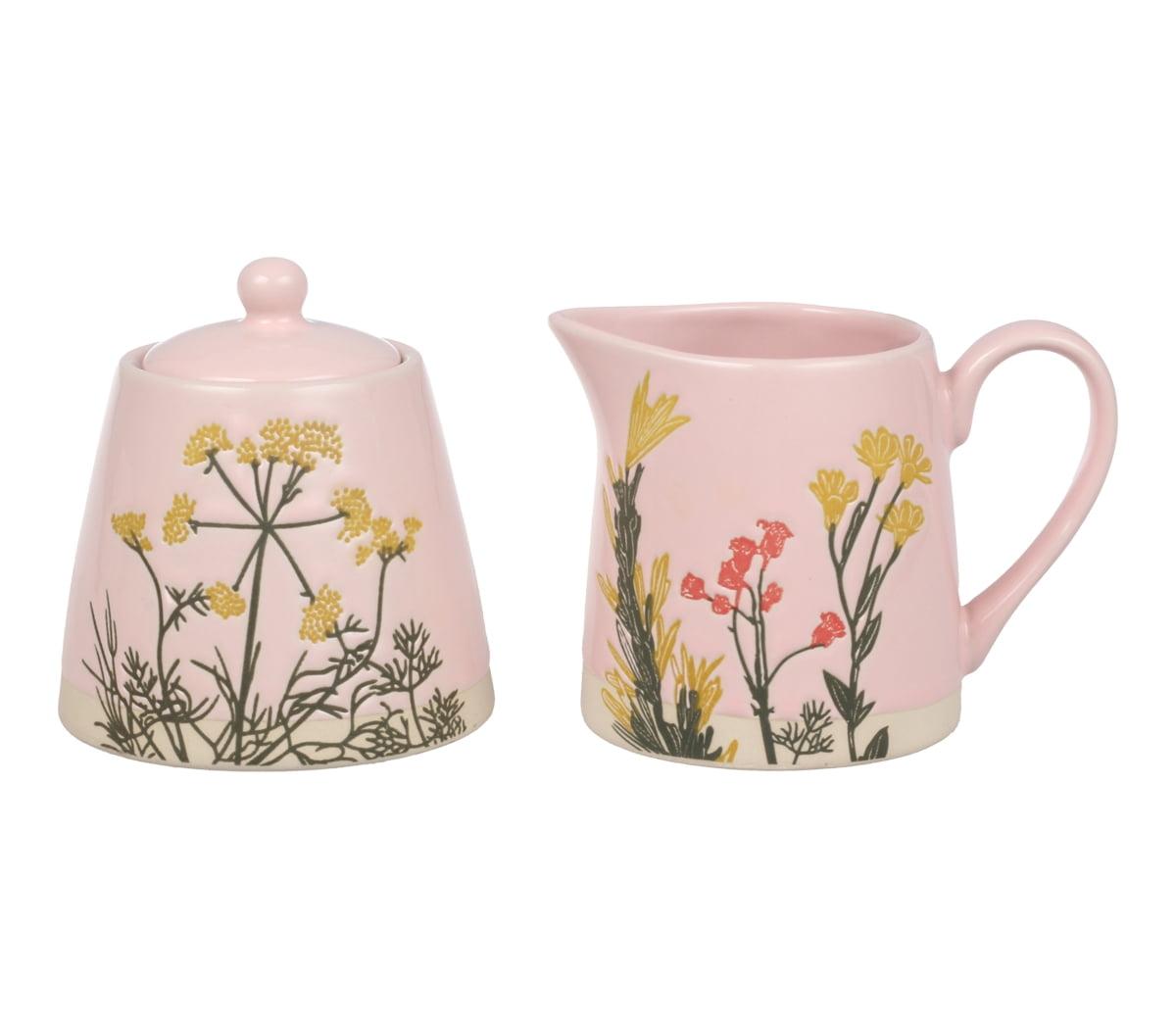 Elegant Pink Floral Porcelain Sugar Bowl and Creamer Set