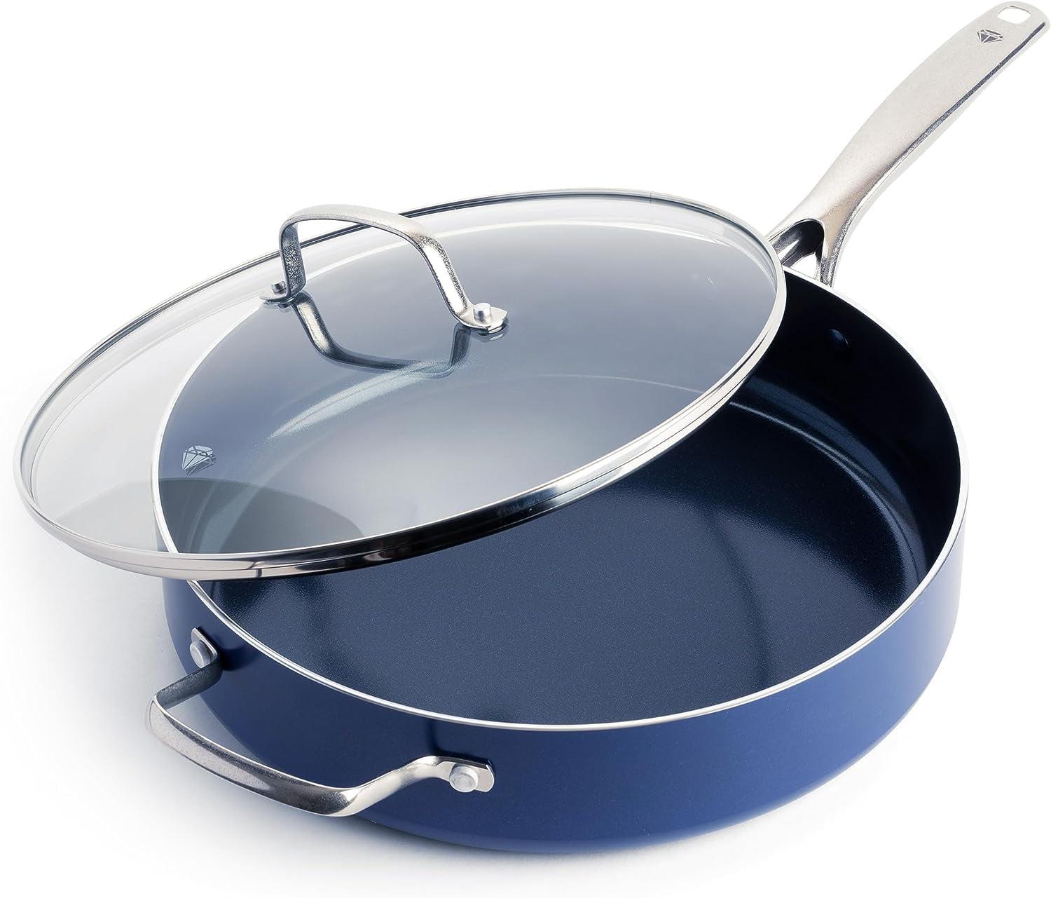 Blue Aluminum Nonstick Medium Saute Pan with Lid