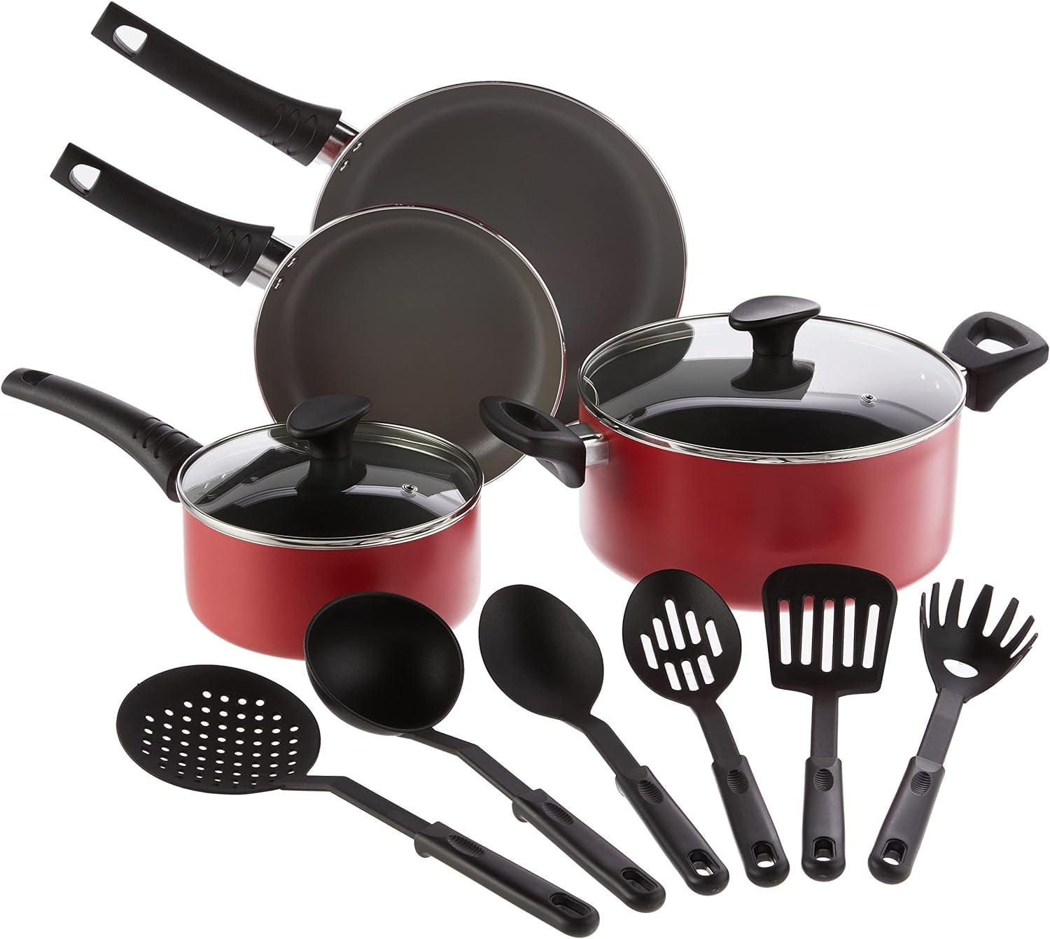 Cookware Set, 12 Piece Pots and Pans with Utensils, Nonstick PFOA Free Scratch Resistant Cooking Surface Compatible with All Stoves, Nylon and Aluminum, Black