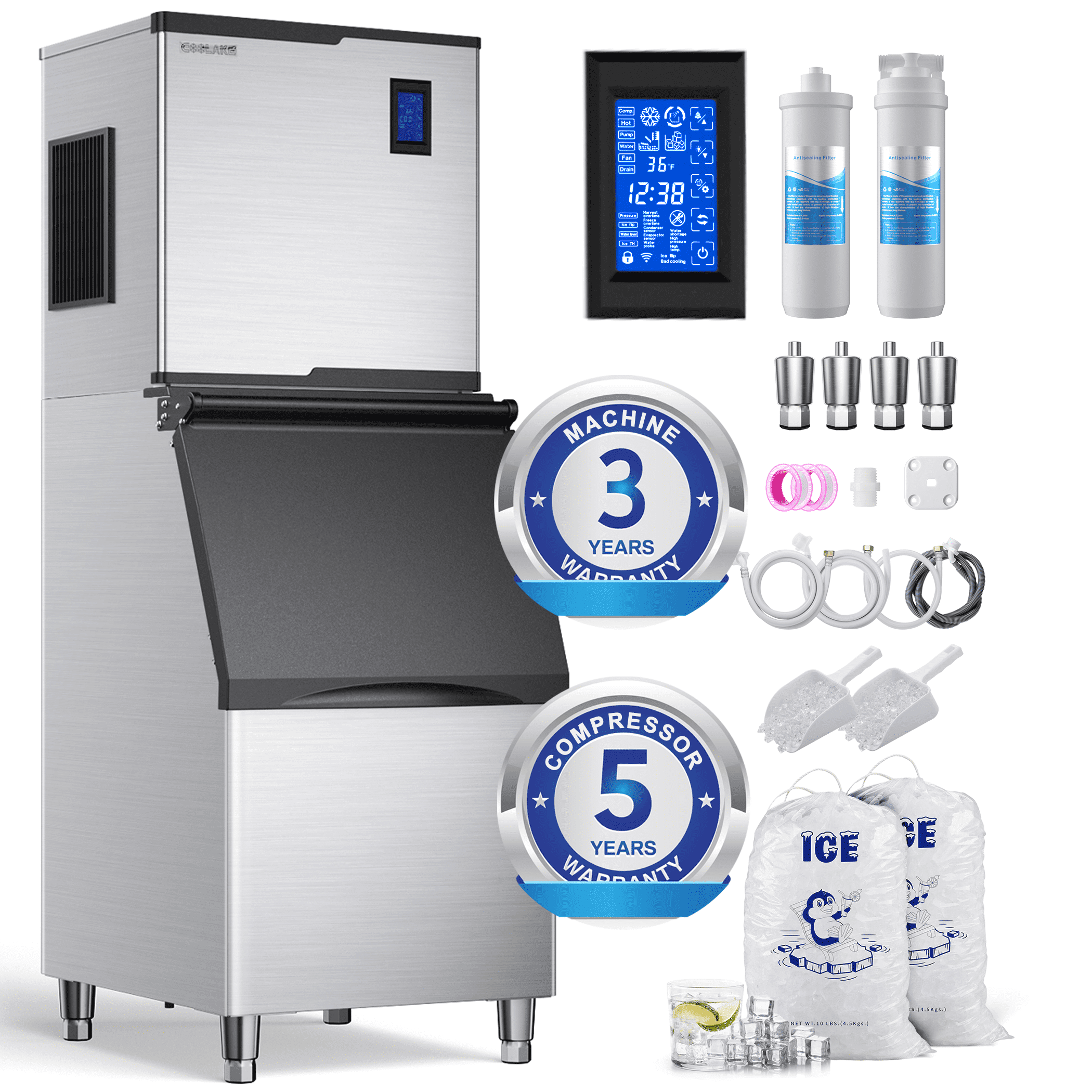 Coolake Stainless Steel Commercial Undercounter Ice Maker with LCD Display