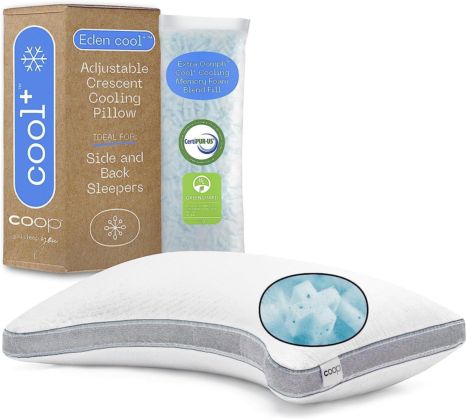 Coop Home Goods The Eden Cool+ Crescent Adjustable Pillow, King Size Plus Memory Foam with Cooling Gel, Neck Support, Back or Side Sleeper Pillow