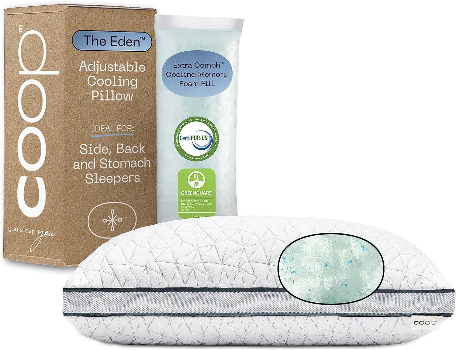 Coop Home Goods The Eden Cool Adjustable Pillow, Queen Size for Sleeping on Back, Stomach and Side Sleeper- Medium Soft Memory Foam Cooling Gel