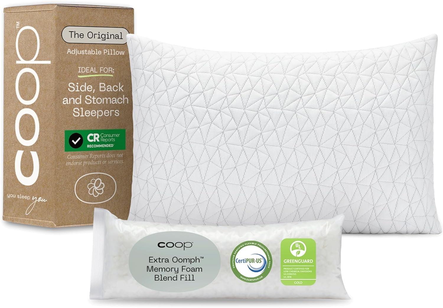 Coop Home Goods Original Adjustable Pillow, Queen Size Bed Pillows for Sleeping, Cross Cut Memory Foam - Medium Firm Back, Stomach & Side Sleeper