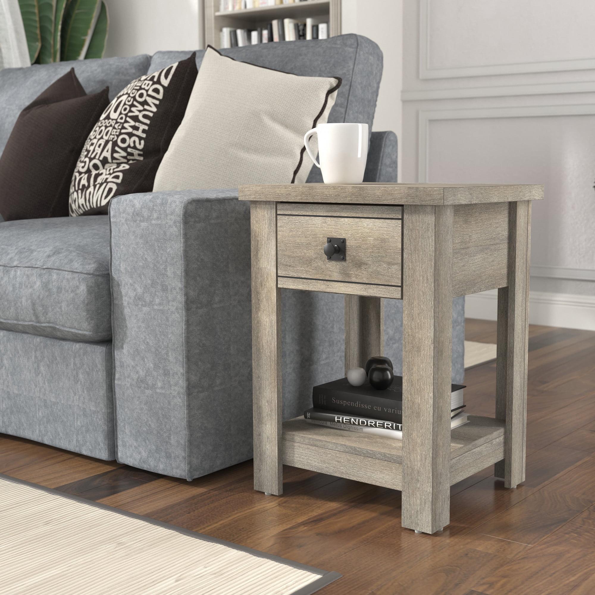 Driftwood Gray Rectangular Wood End Table with Storage Drawer