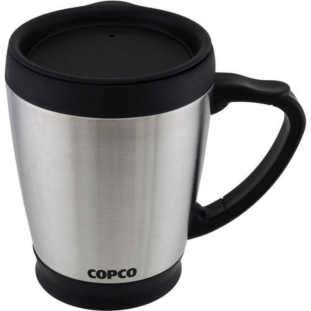 Copco Desktop 16 Ounce Stainless Steel Coffee Mug With Easy Grip Handle - Silver w/ Black Lid & Base 2510-7313