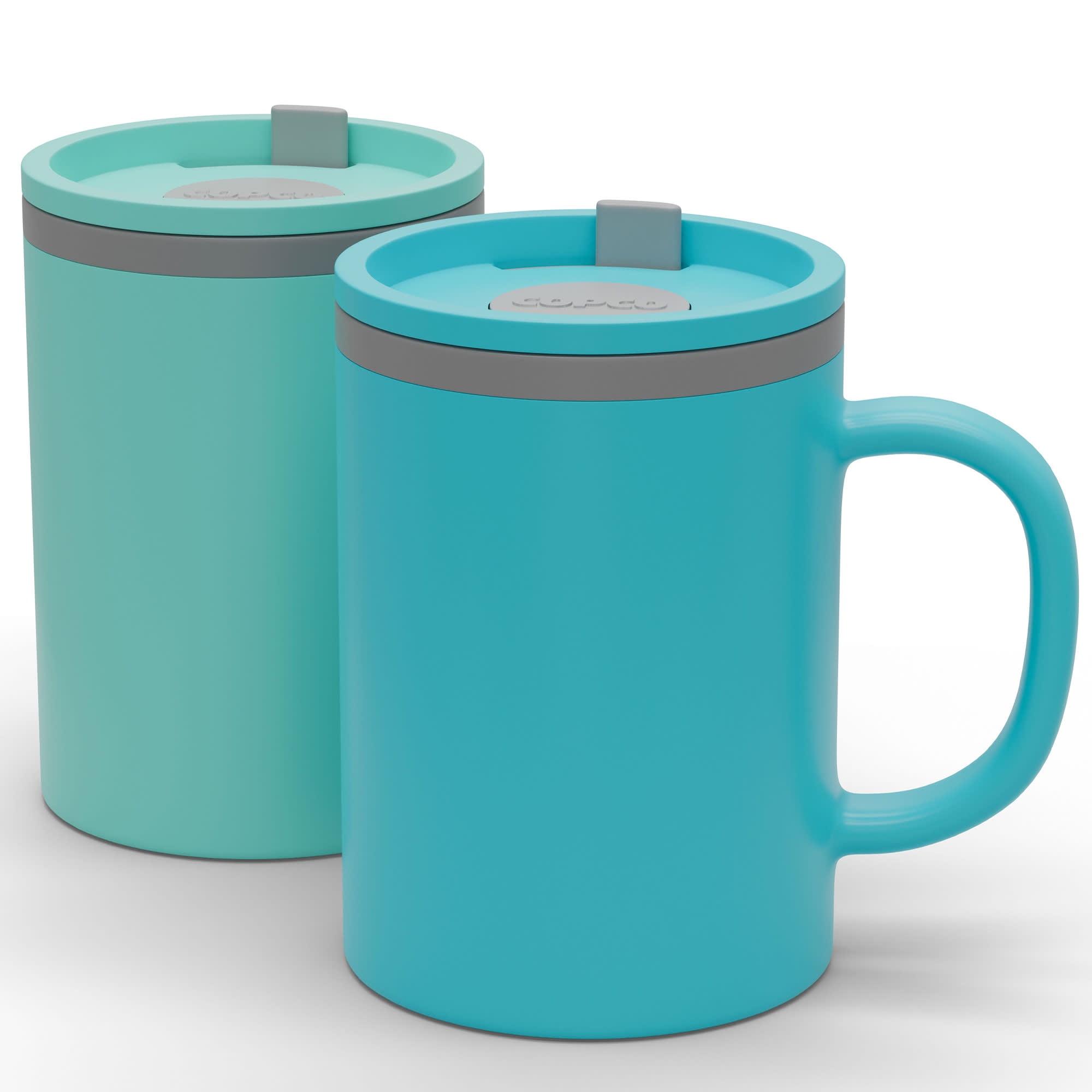 Copco Iconic 16oz Double Wall Insulated Desk Mug with Lid and Handle, Set of 2, BPA-Free Reusable Plastic, Spill-Proof, Wide Mouth (Aqua/Mint)