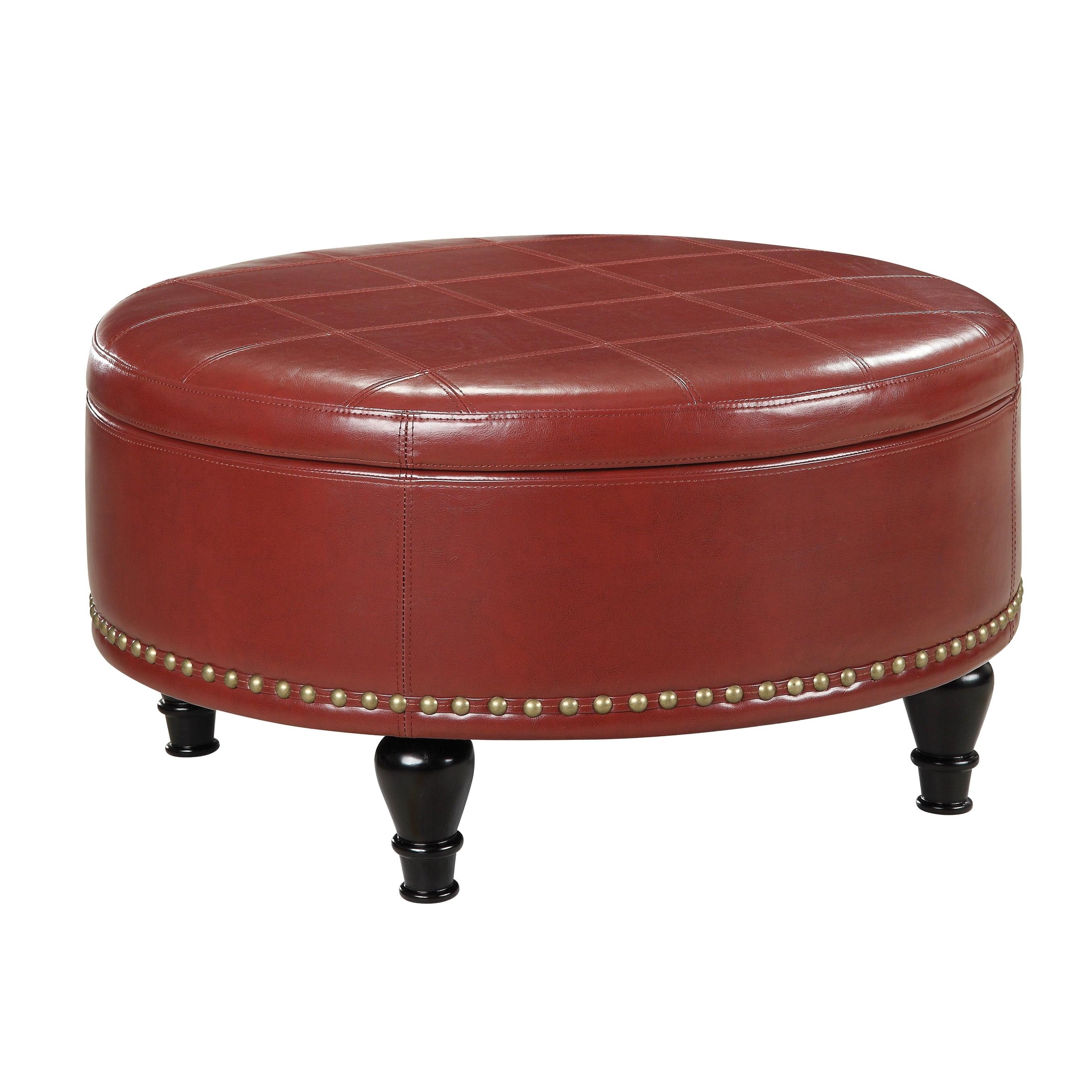 Crimson Bonded Leather Round Storage Ottoman with Tray