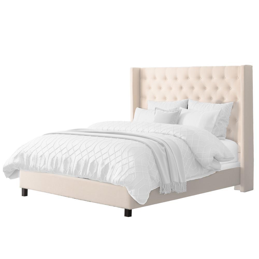 CorLiving Fairfield Fabric Tufted Wingback Queen Bed with Slats in Cream