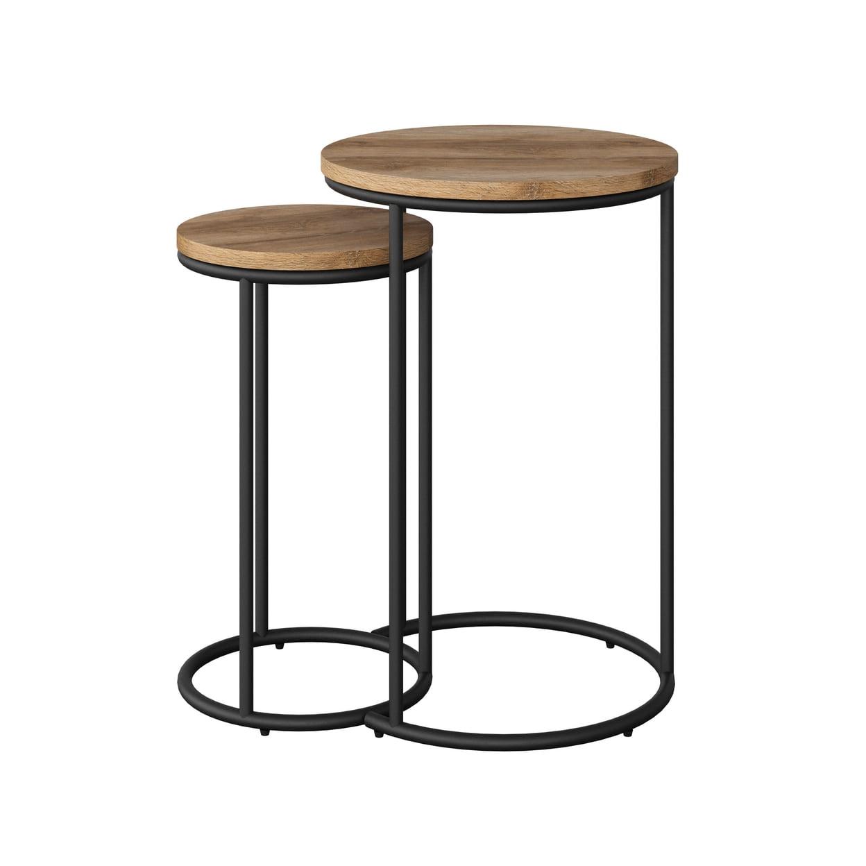 Elegant Round Light Brown Wood & Metal Nesting Side Tables