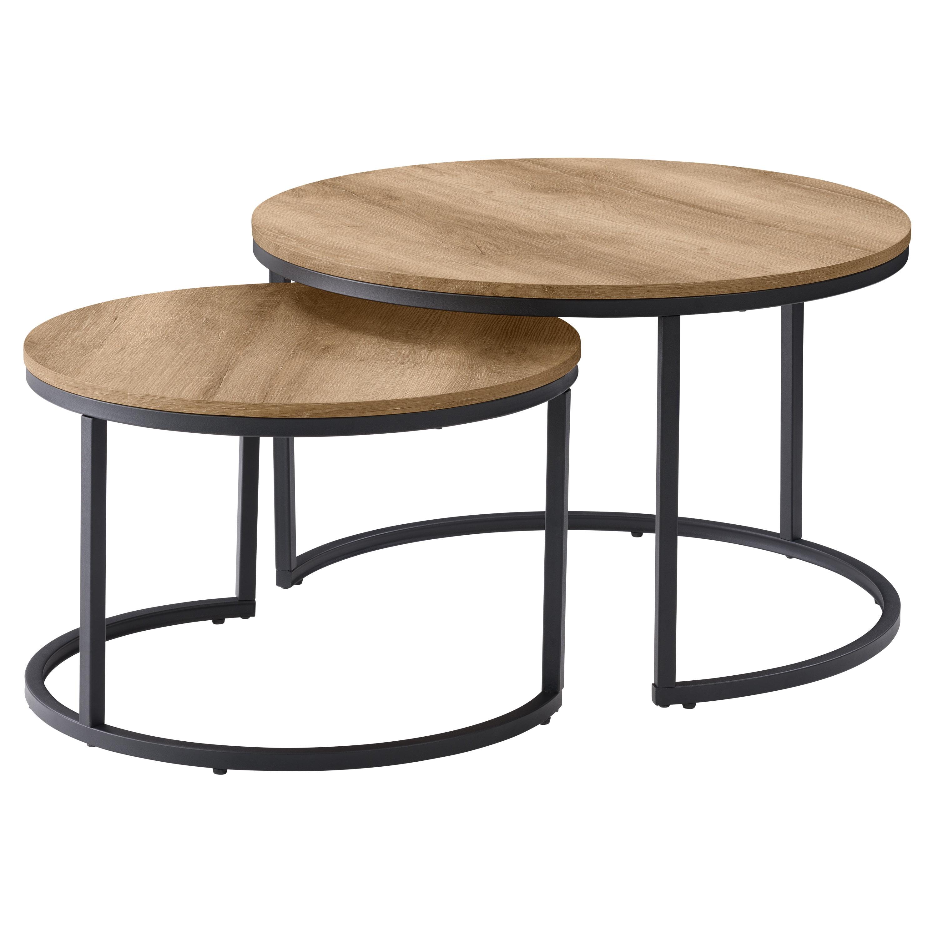 Set of 2 Wood Grain Finish Forth Worth Round Nesting Coffee Table Light Brown - CorLiving: Metal Legs, Small Space Design