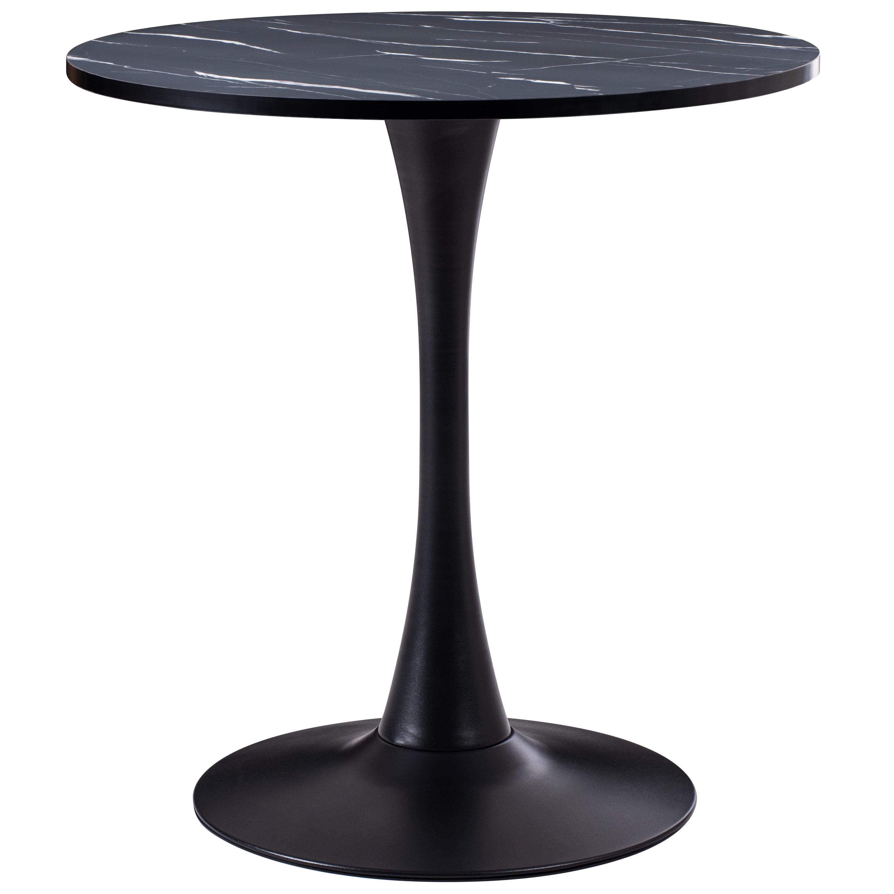 CorLiving Ivo Modern Round Black Marbled Engineered Wood and Steel Pedestal Dining Table - Small Pedestal Dining Room Table for 3, Ideal Small Round Kitchen Table, Bistro Cafe Table