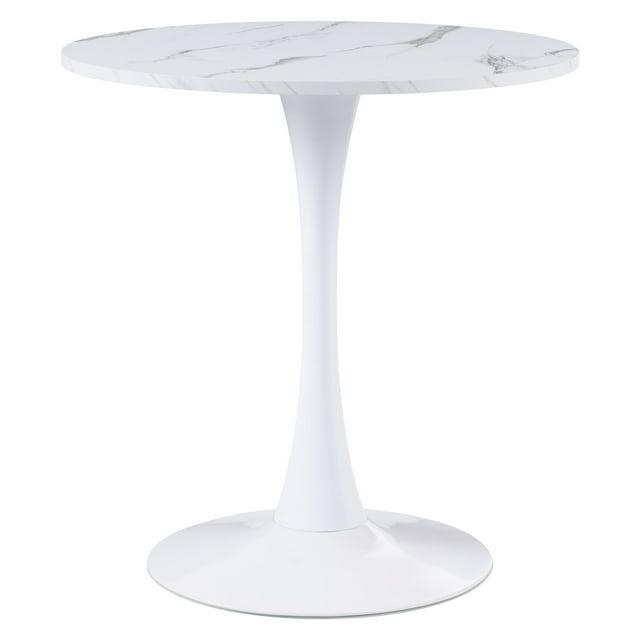 CorLiving Ivo Modern Round White Marbled Engineered Wood and Steel Pedestal Dining Table - Small Pedestal Dining Room Table for 3, Ideal Small Round Kitchen Table, Bistro Cafe Table
