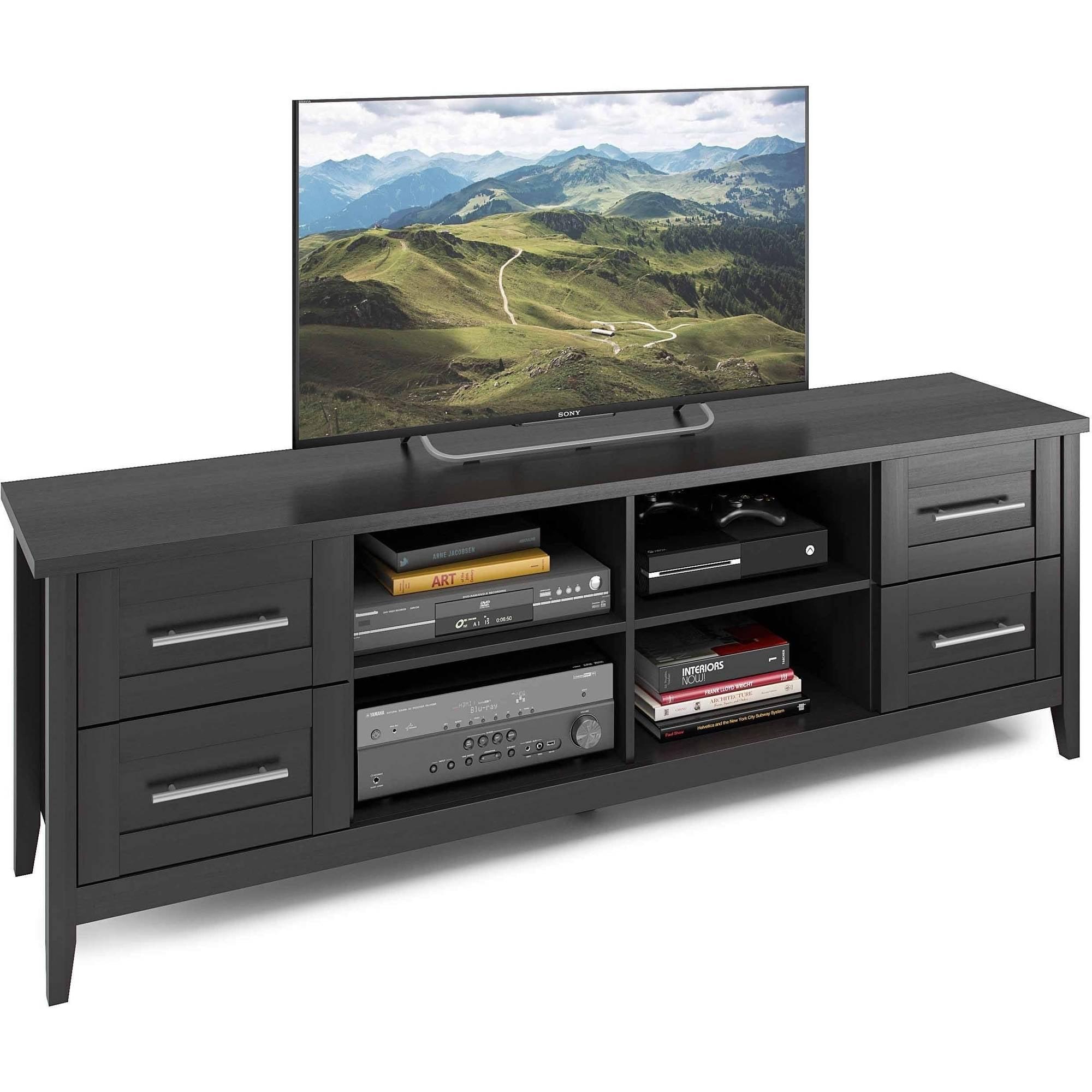 Elegant Black Wood Grain Extra-Wide TV Stand with Nickel Handles