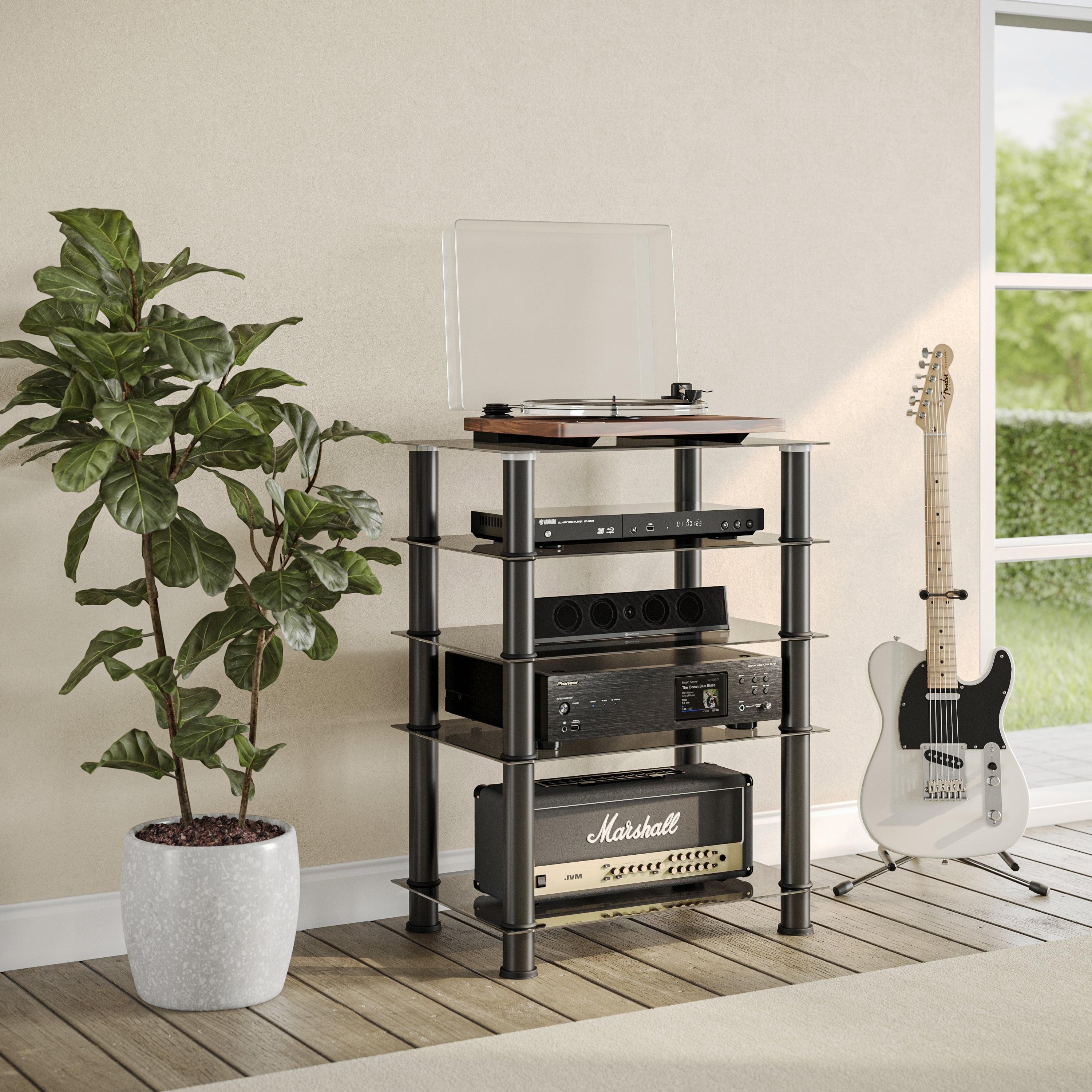 CorLiving Laurent Black Tempered Glass and Metal Customizable 5-Tier Media Component Stand