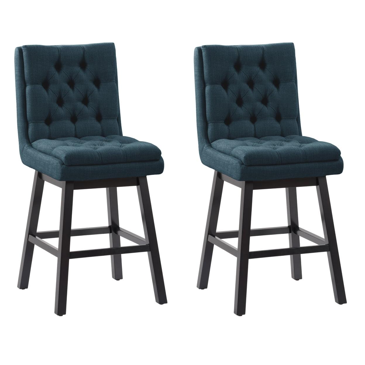 Set of 2 Boston Tufted Fabric Barstools Navy Blue - CorLiving: Counter Height, Rubberwood Legs, Padded Back