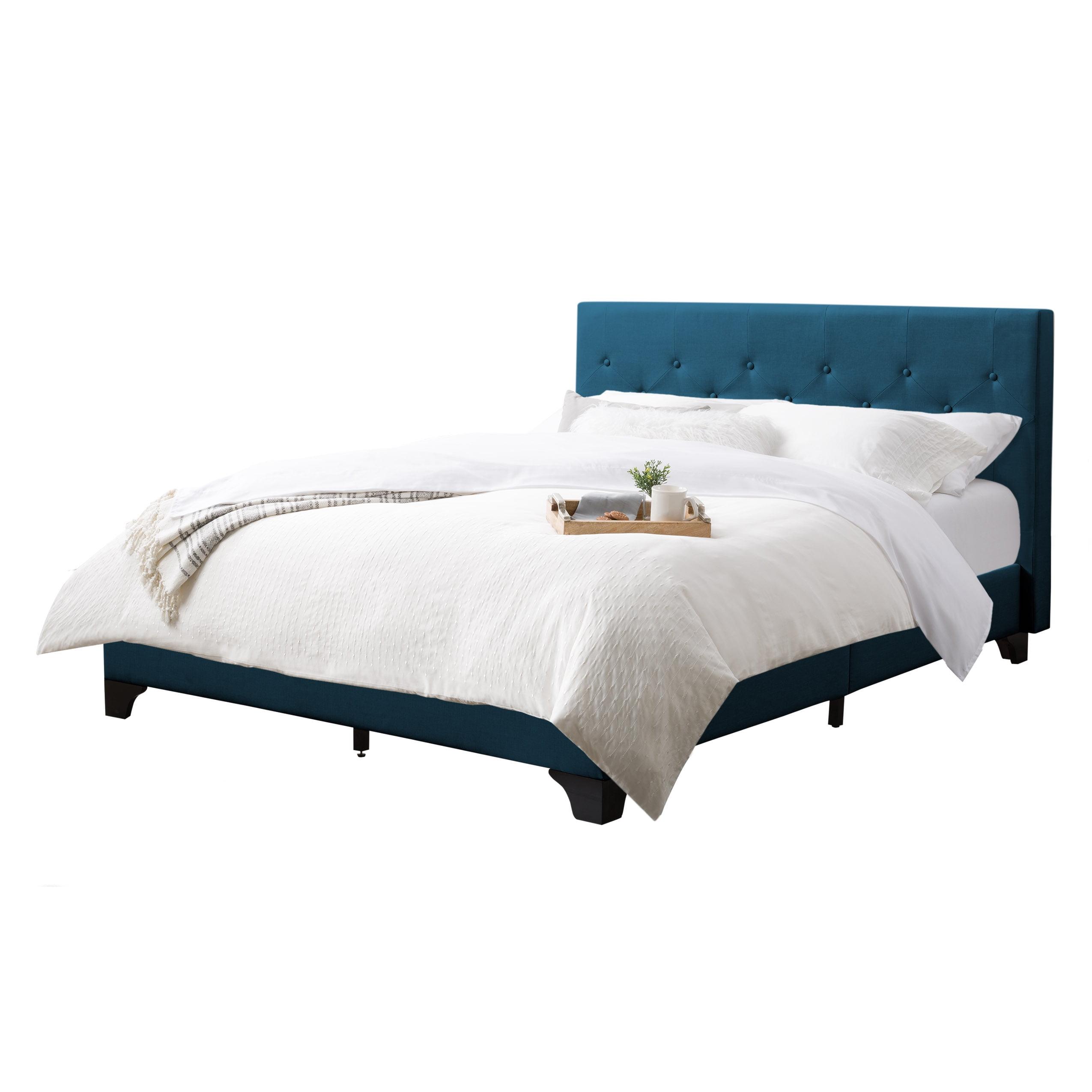 Ocean Blue Queen Upholstered Platform Bed with Tufted Headboard