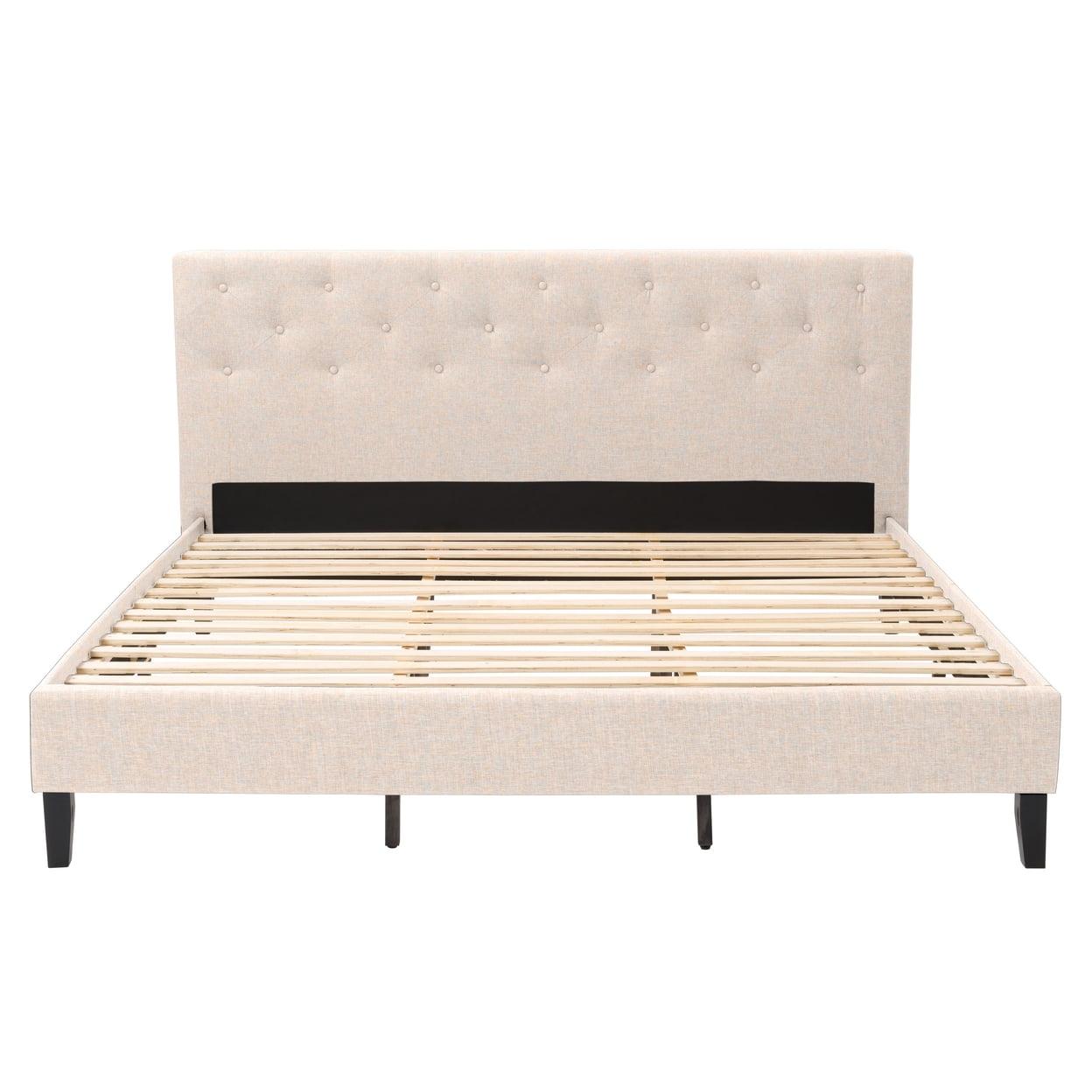 CorLiving Nova Ridge Luxurious Cream Upholstered King Size Platform Bed Frame with Headboard - Platform Design, No Boxspring Required, Perfect for King Bed, Headboard and Frame Combination.